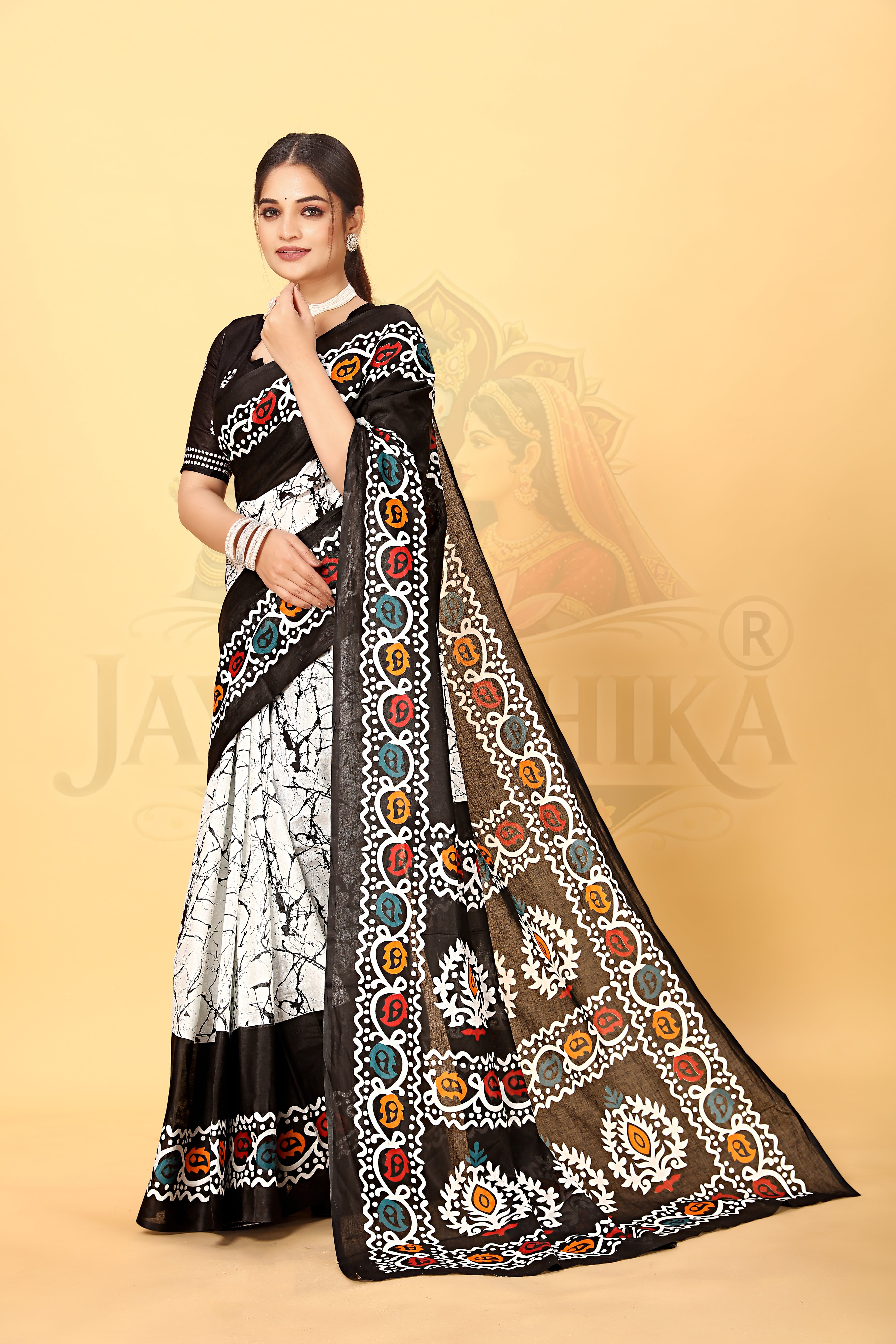 White Black Batik Printed Cotton Saree