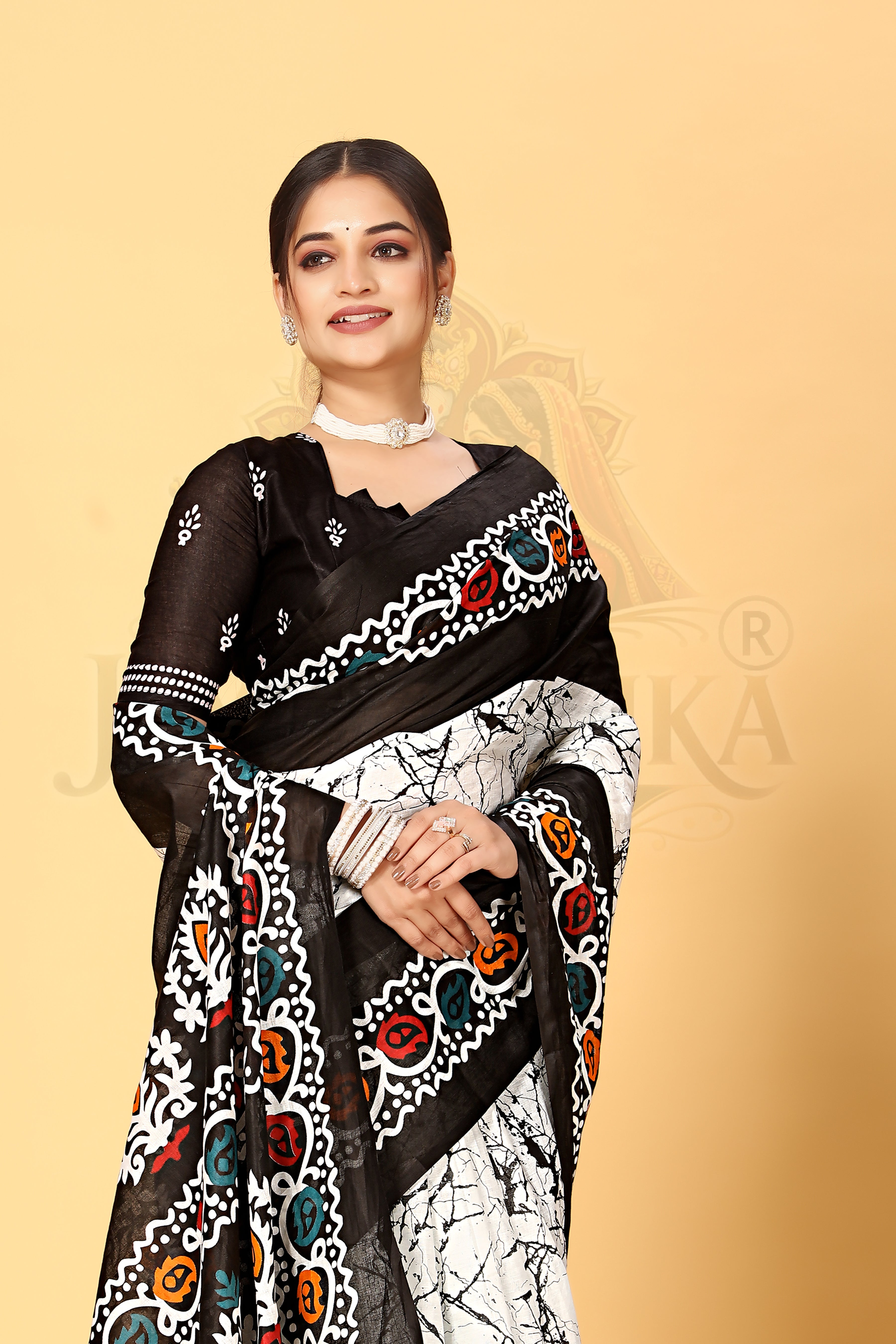 White Black Batik Printed Cotton Saree