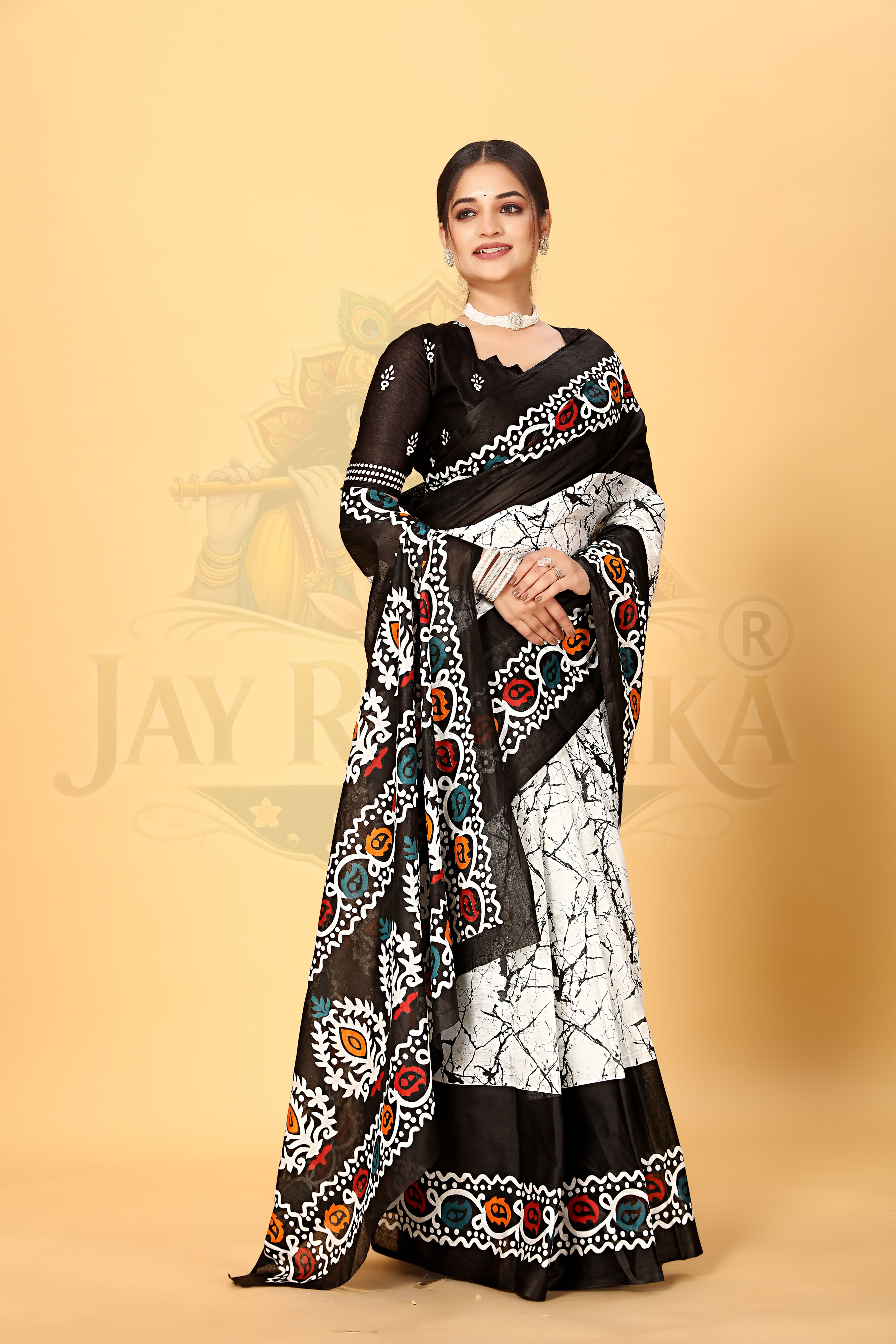 White Black Batik Printed Cotton Saree