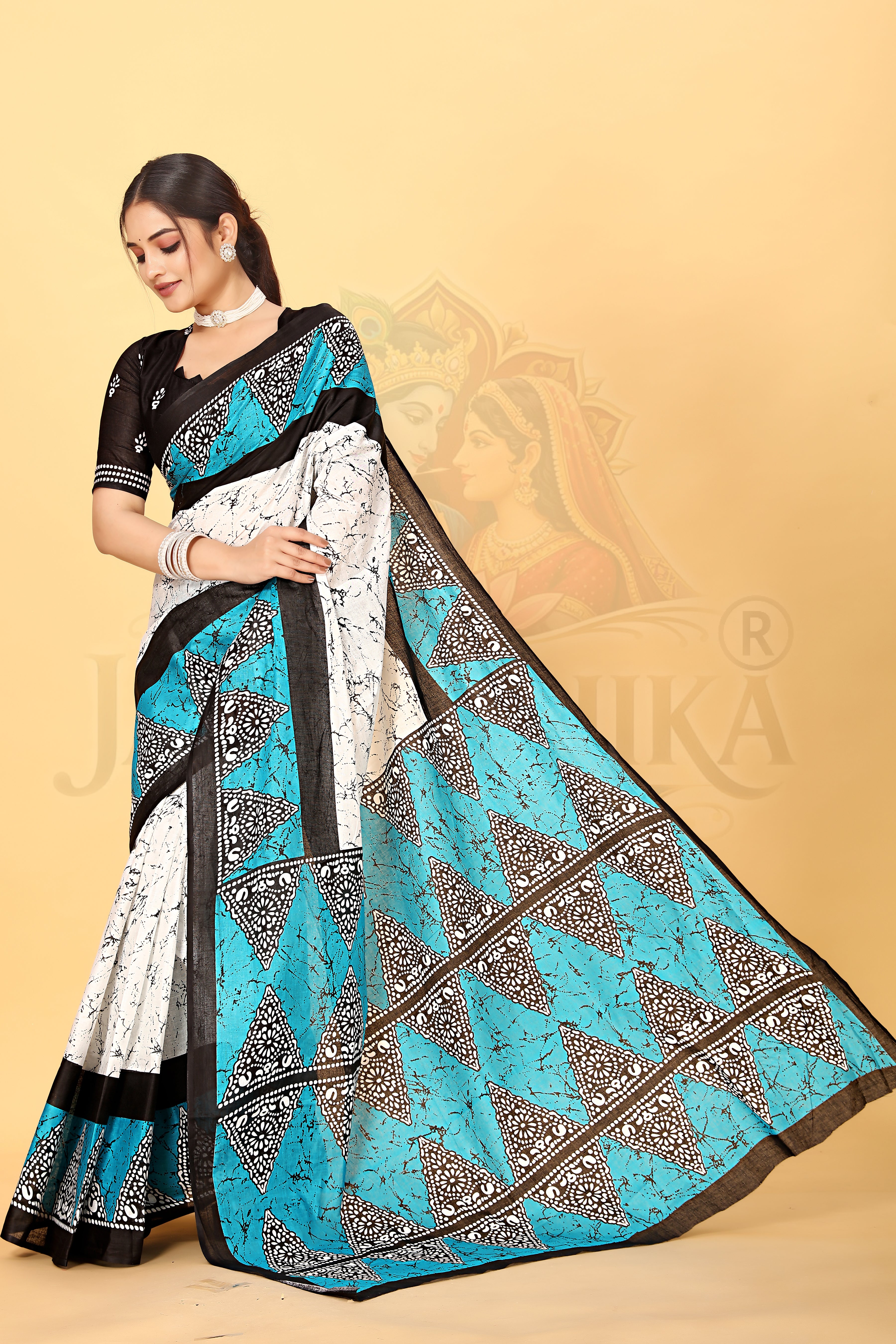 White Teal Batik Printed Cotton Saree