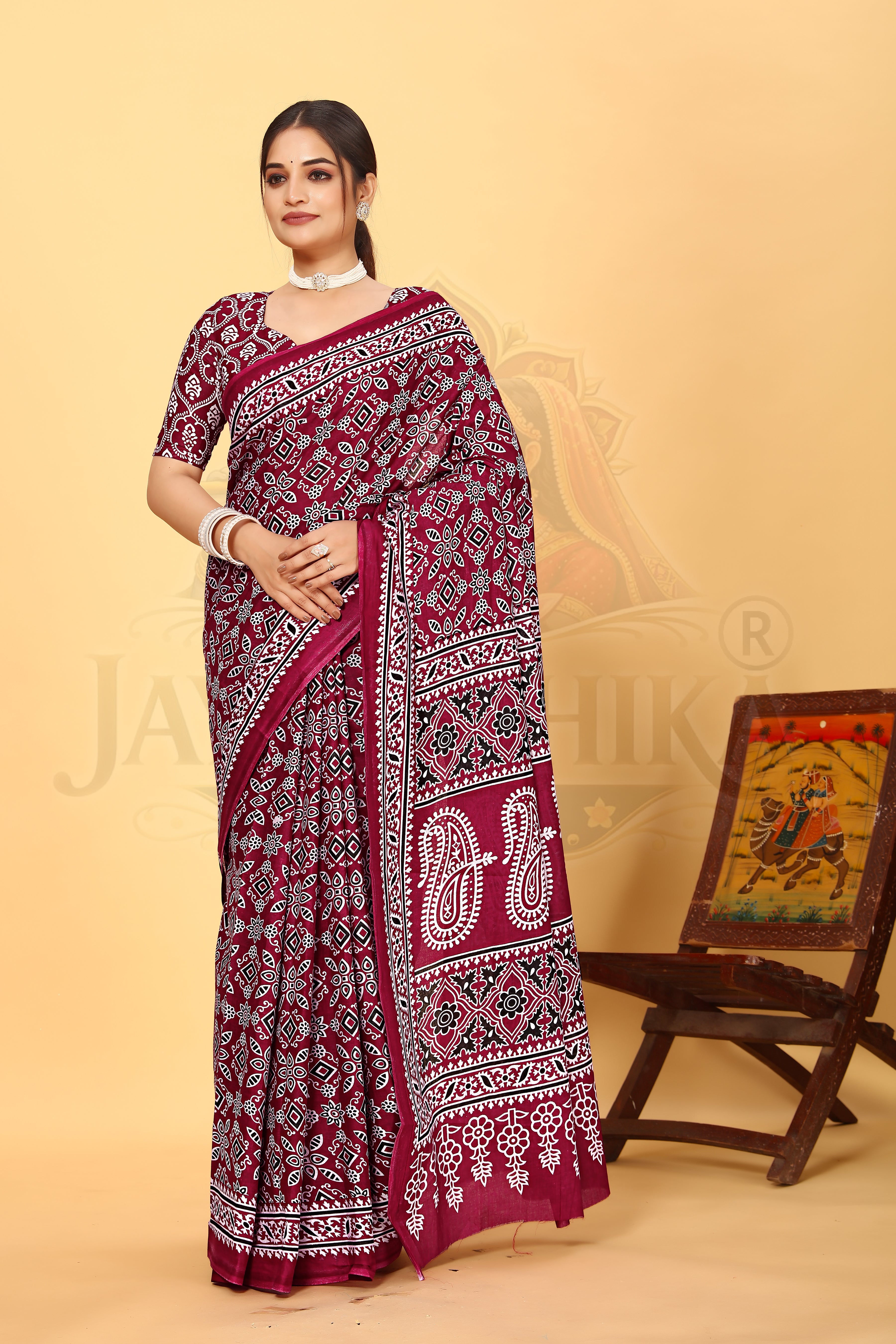 Maroon Printed Cotton Saree