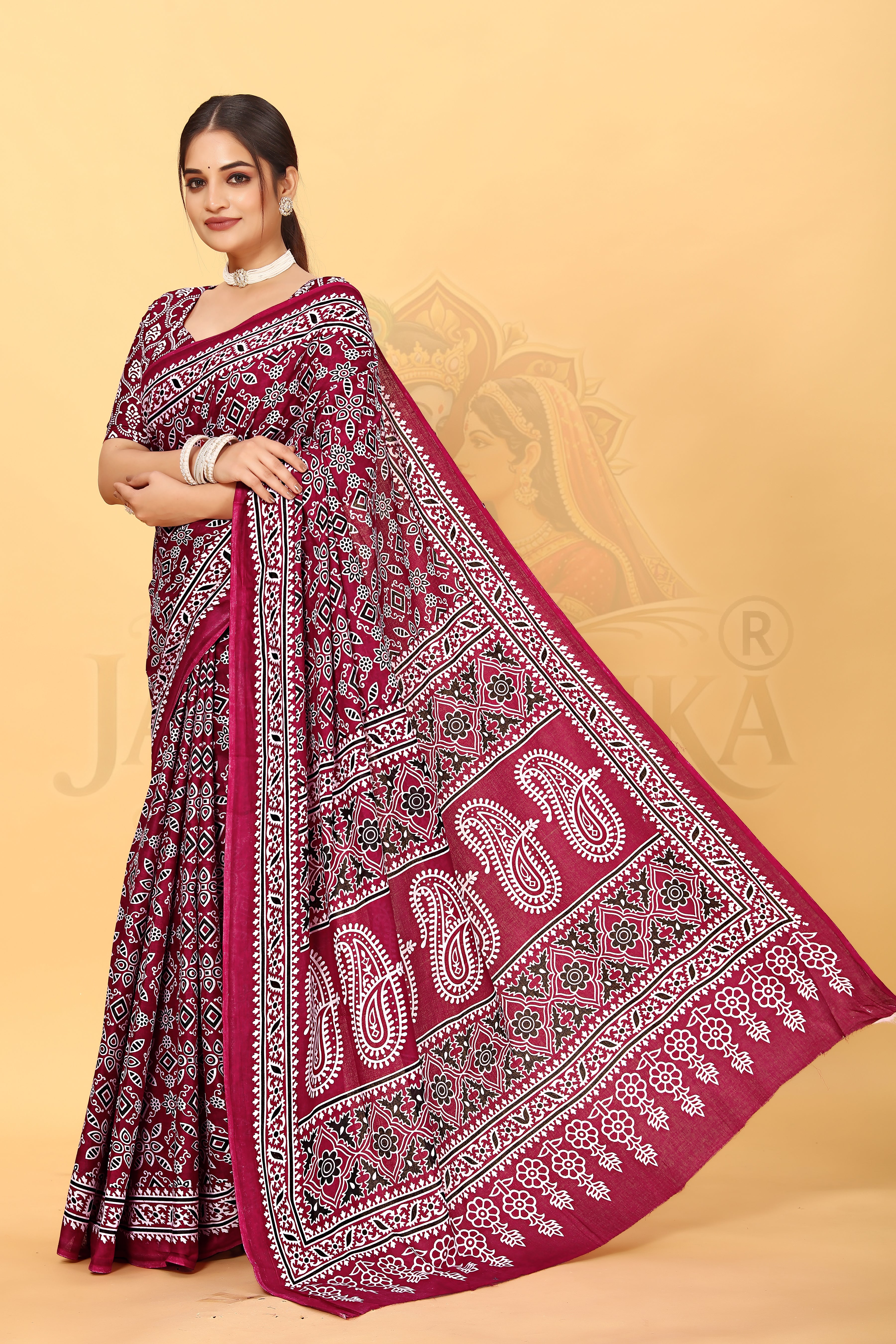 Maroon Printed Cotton Saree