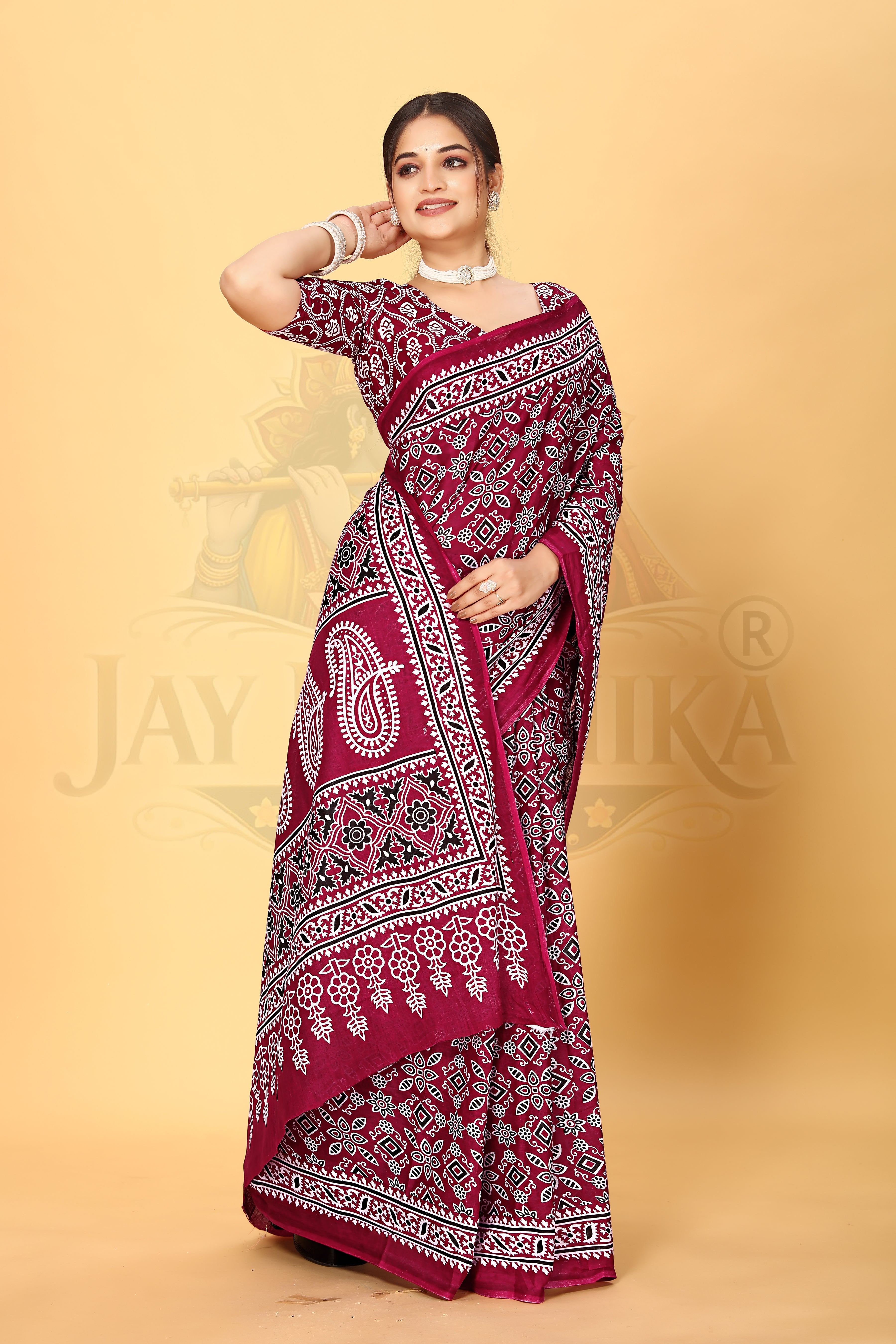 Maroon Printed Cotton Saree