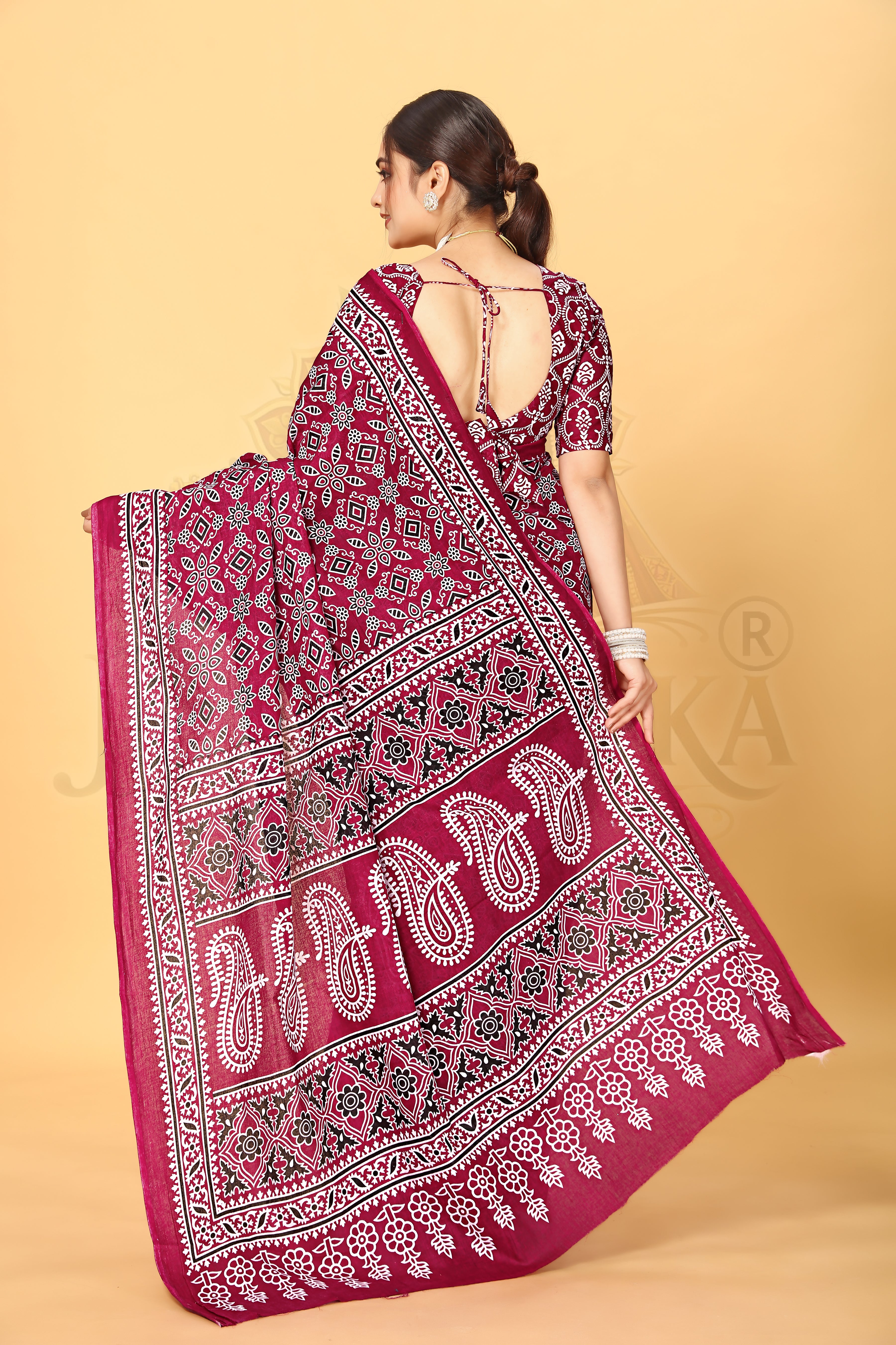 Maroon Printed Cotton Saree