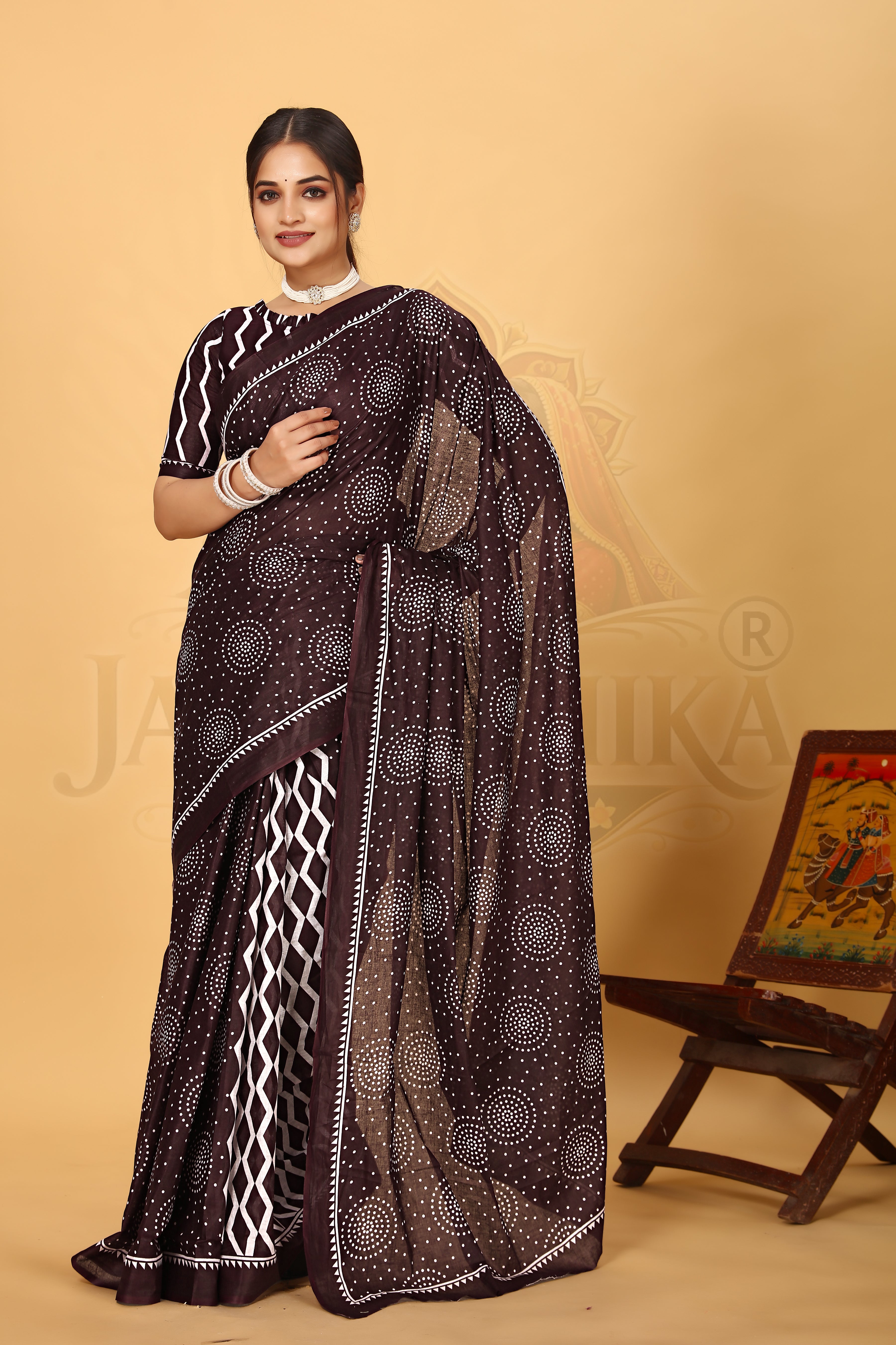 Brown Bandhani Style Printed Cotton Saree