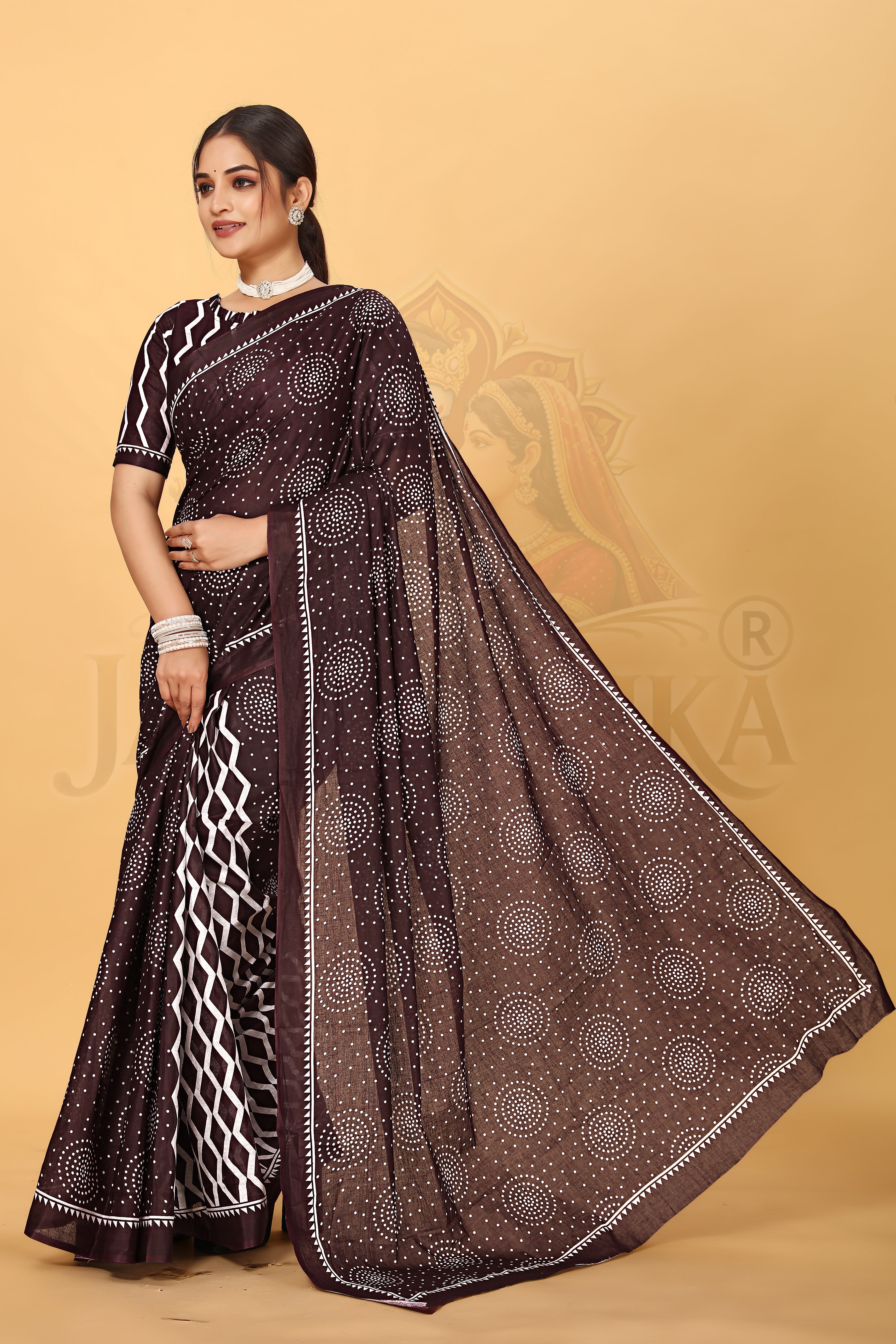 Brown Bandhani Style Printed Cotton Saree