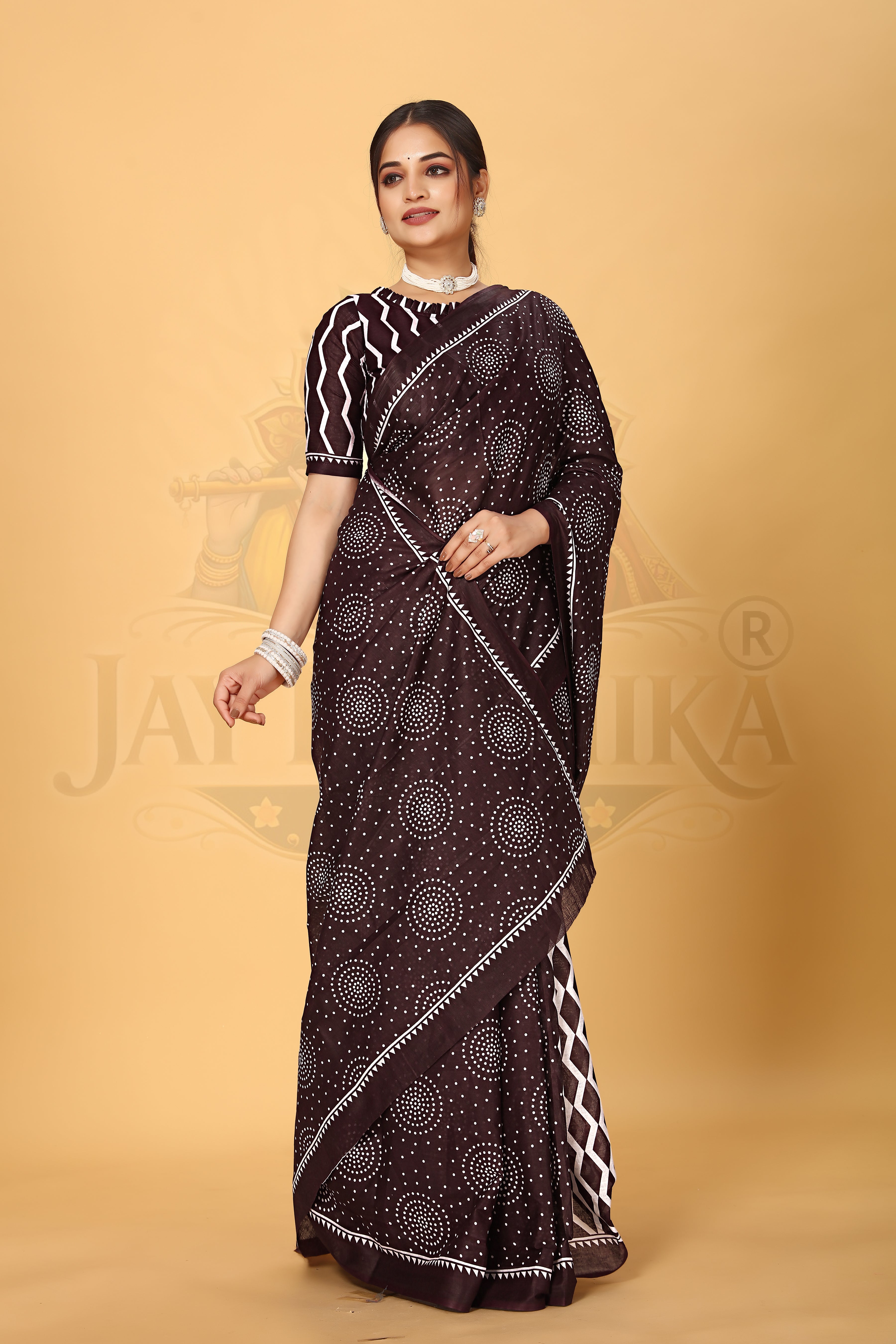 Brown Bandhani Style Printed Cotton Saree