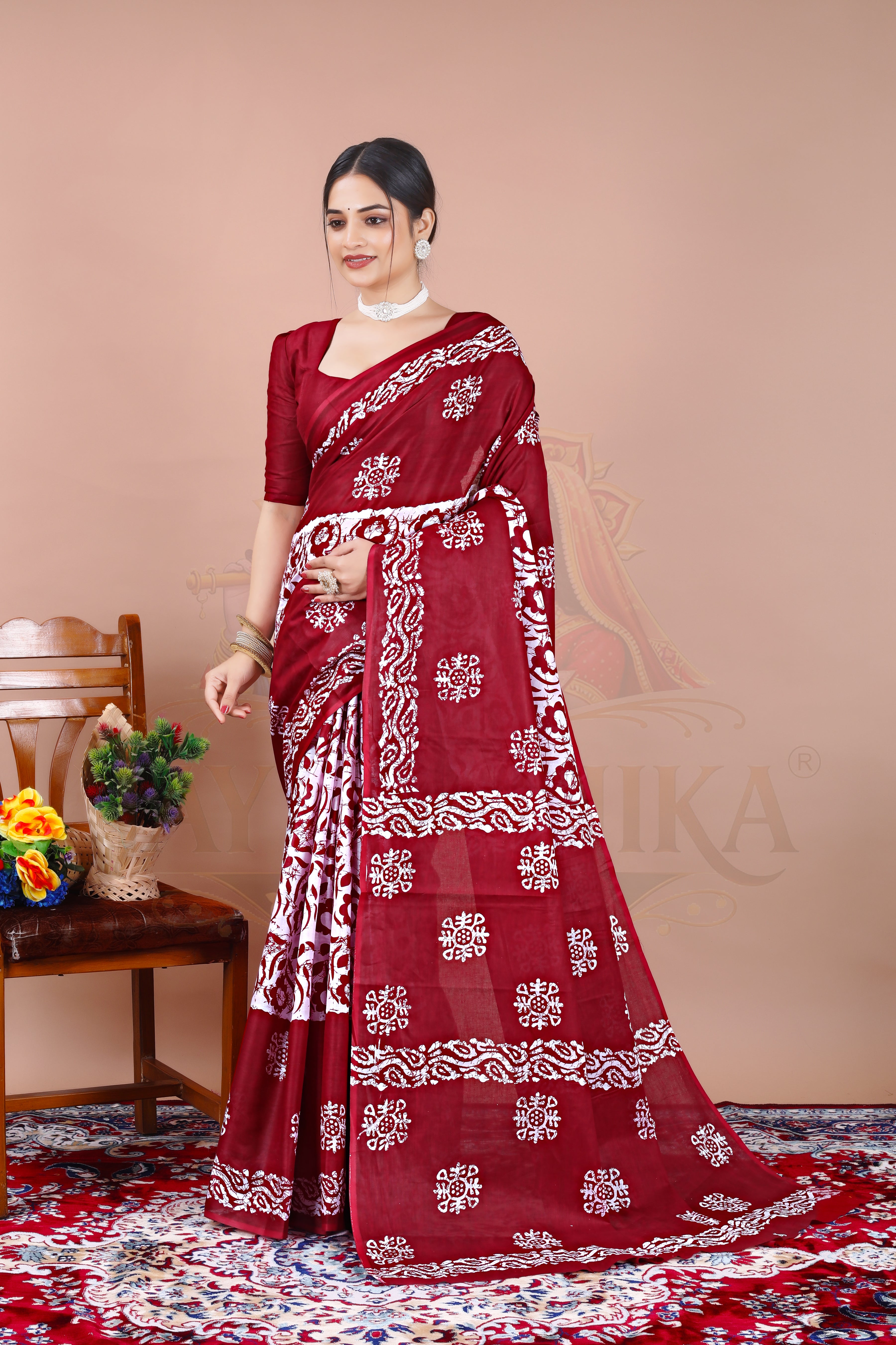 Maroon Batik Cotton Printed Saree Jay Radhika Textile