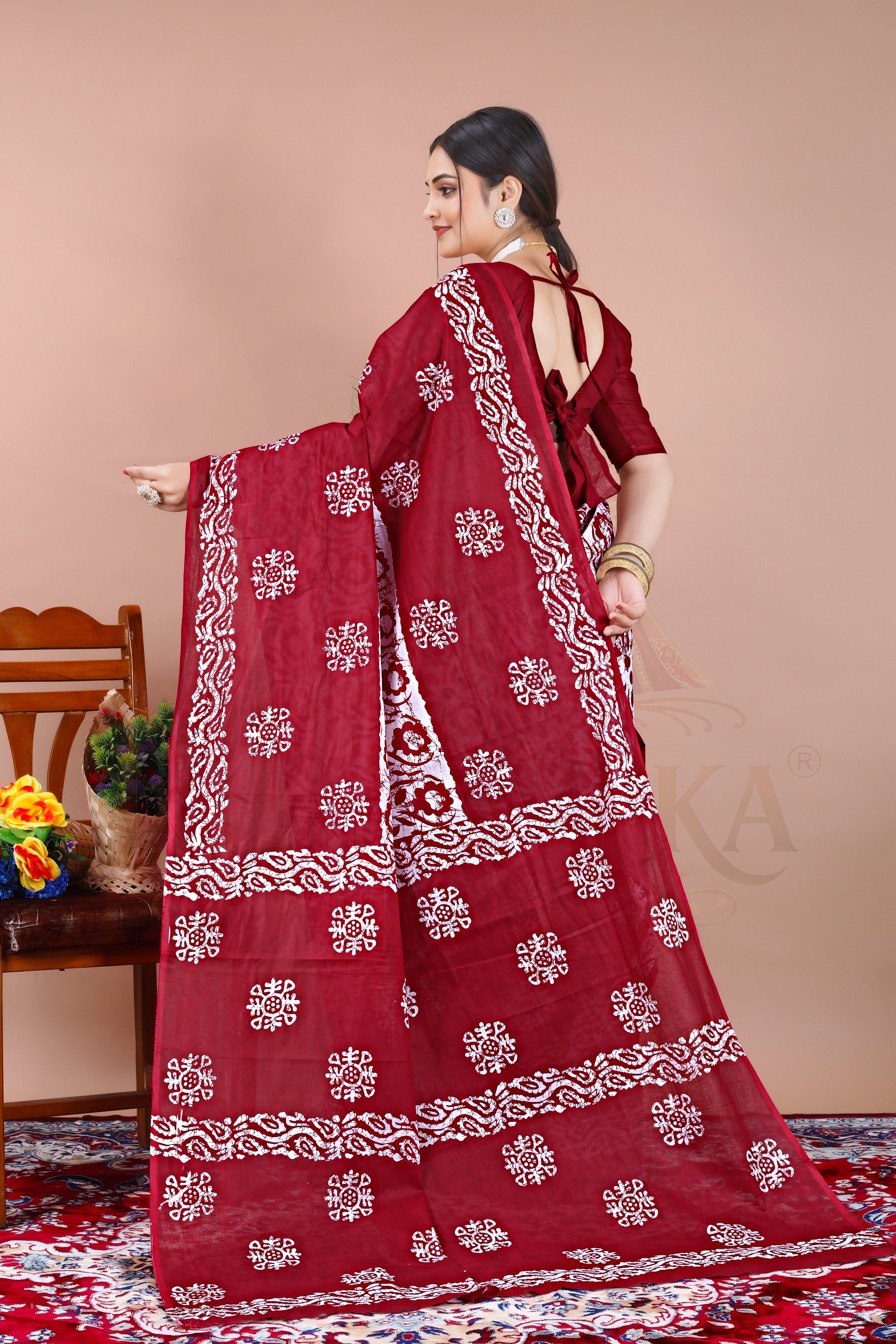 Maroon Batik Cotton Printed Saree Jay Radhika Textile