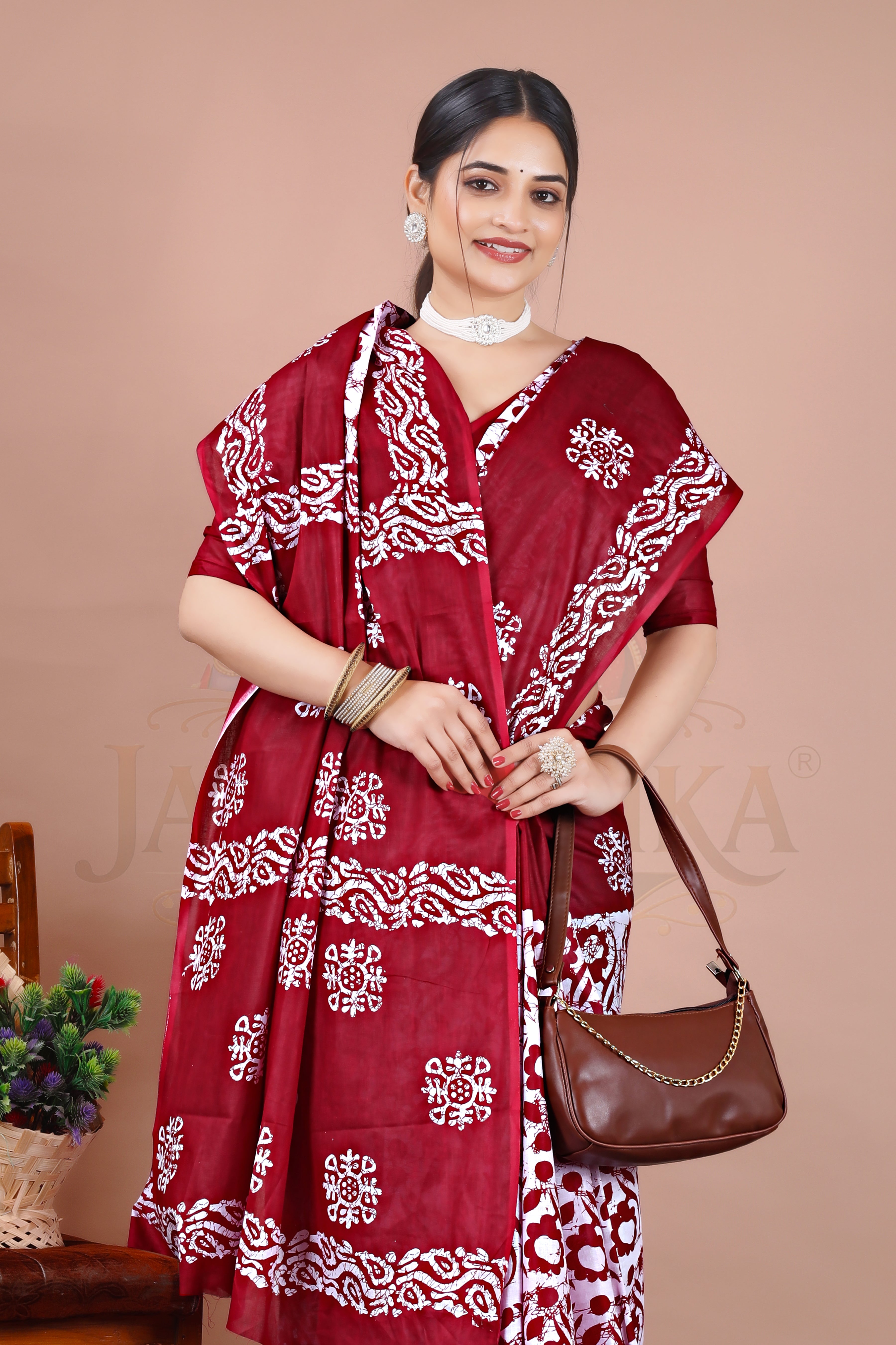 Maroon Batik Cotton Printed Saree Jay Radhika Textile