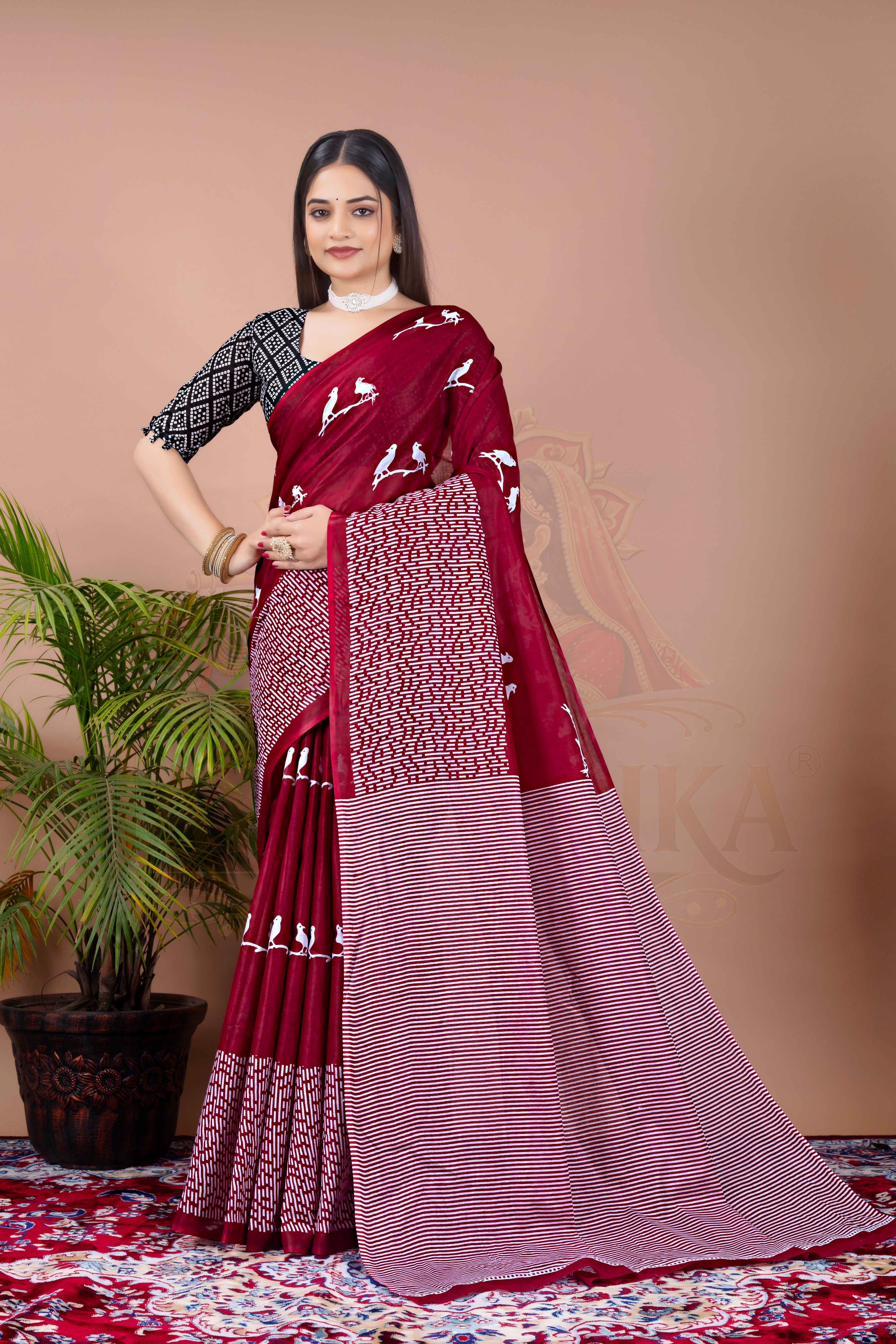 Maroon Bird Motif Cotton Printed Saree Jay Radhika Textile