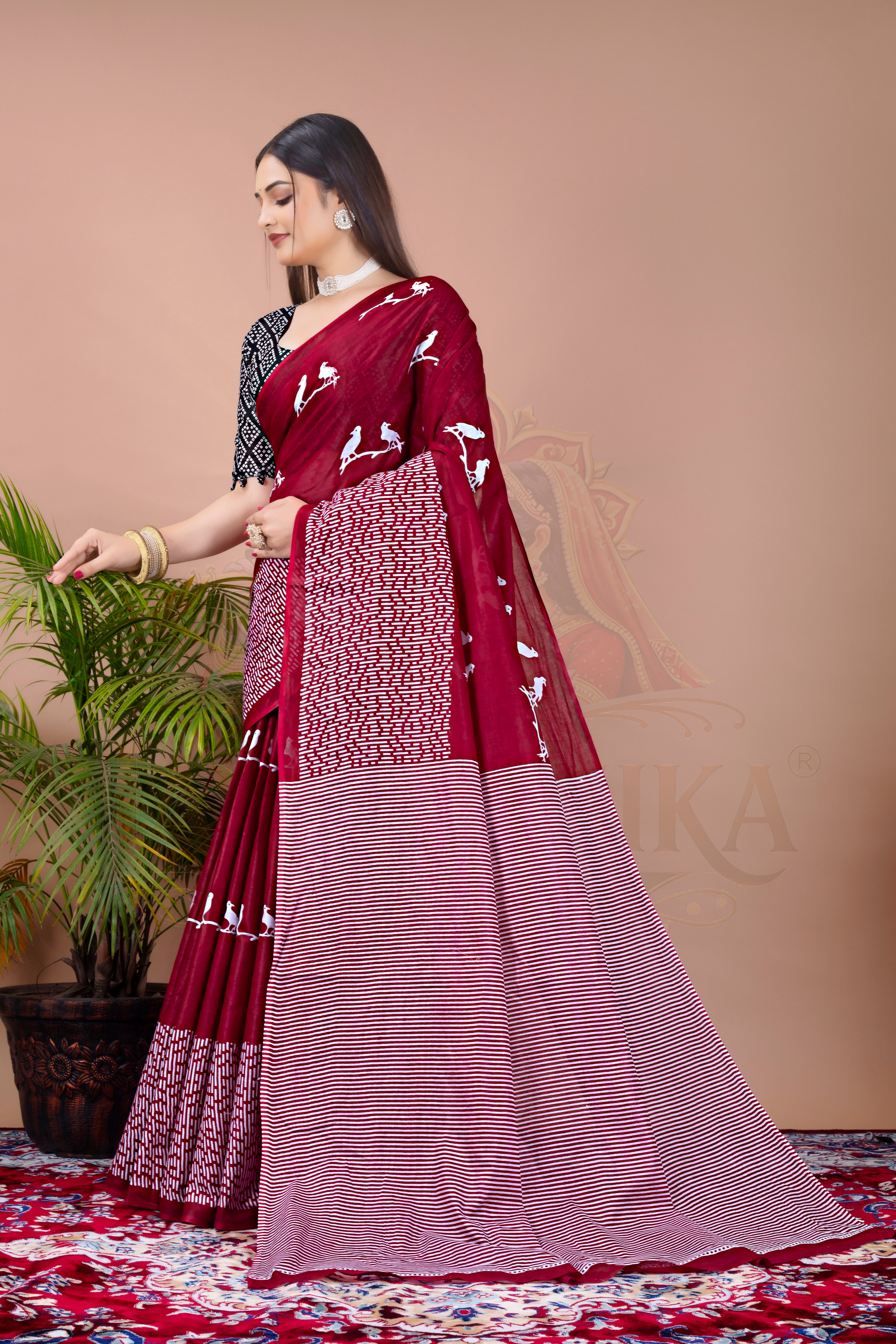 Maroon Bird Motif Cotton Printed Saree Jay Radhika Textile