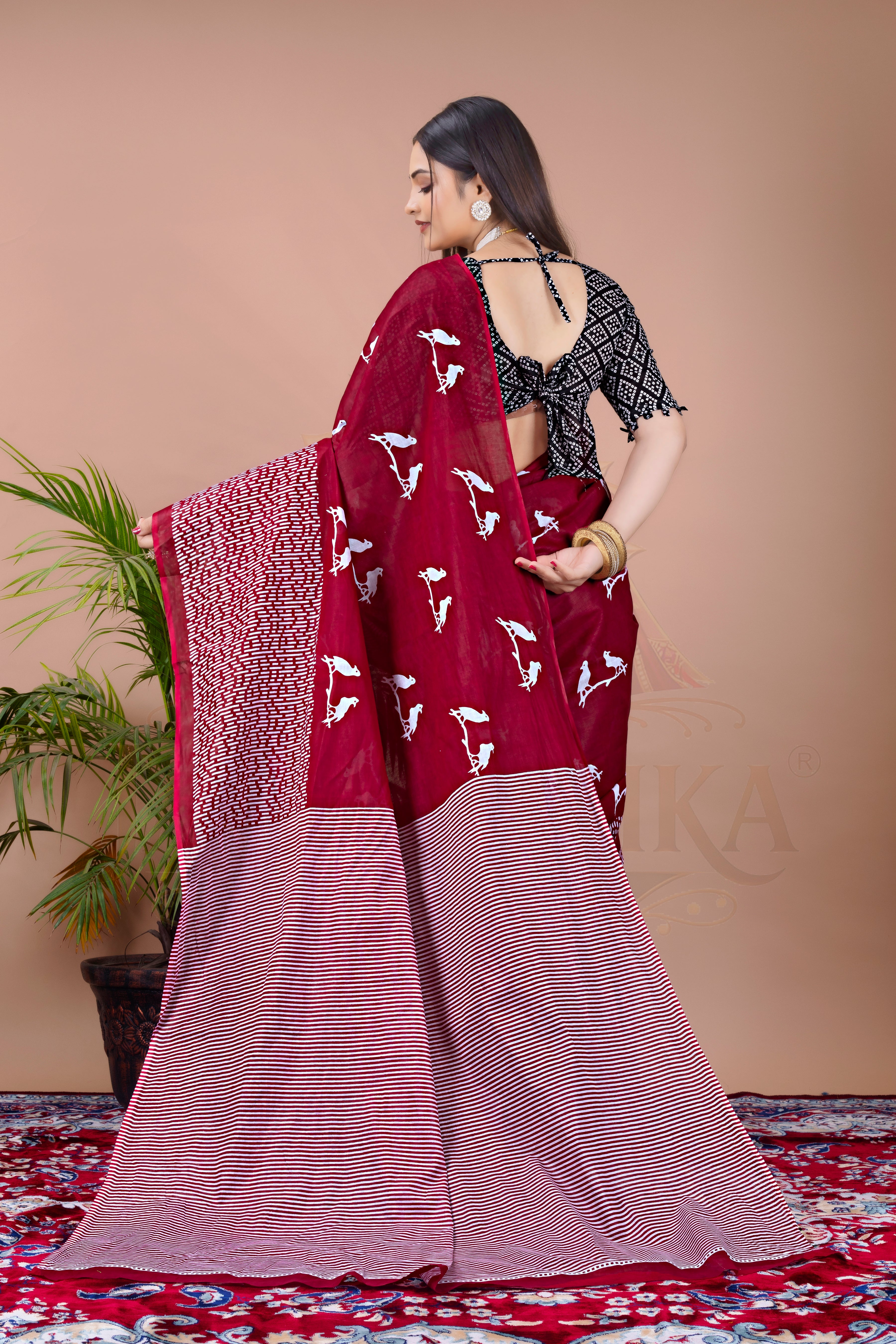 Maroon Bird Motif Cotton Printed Saree Jay Radhika Textile