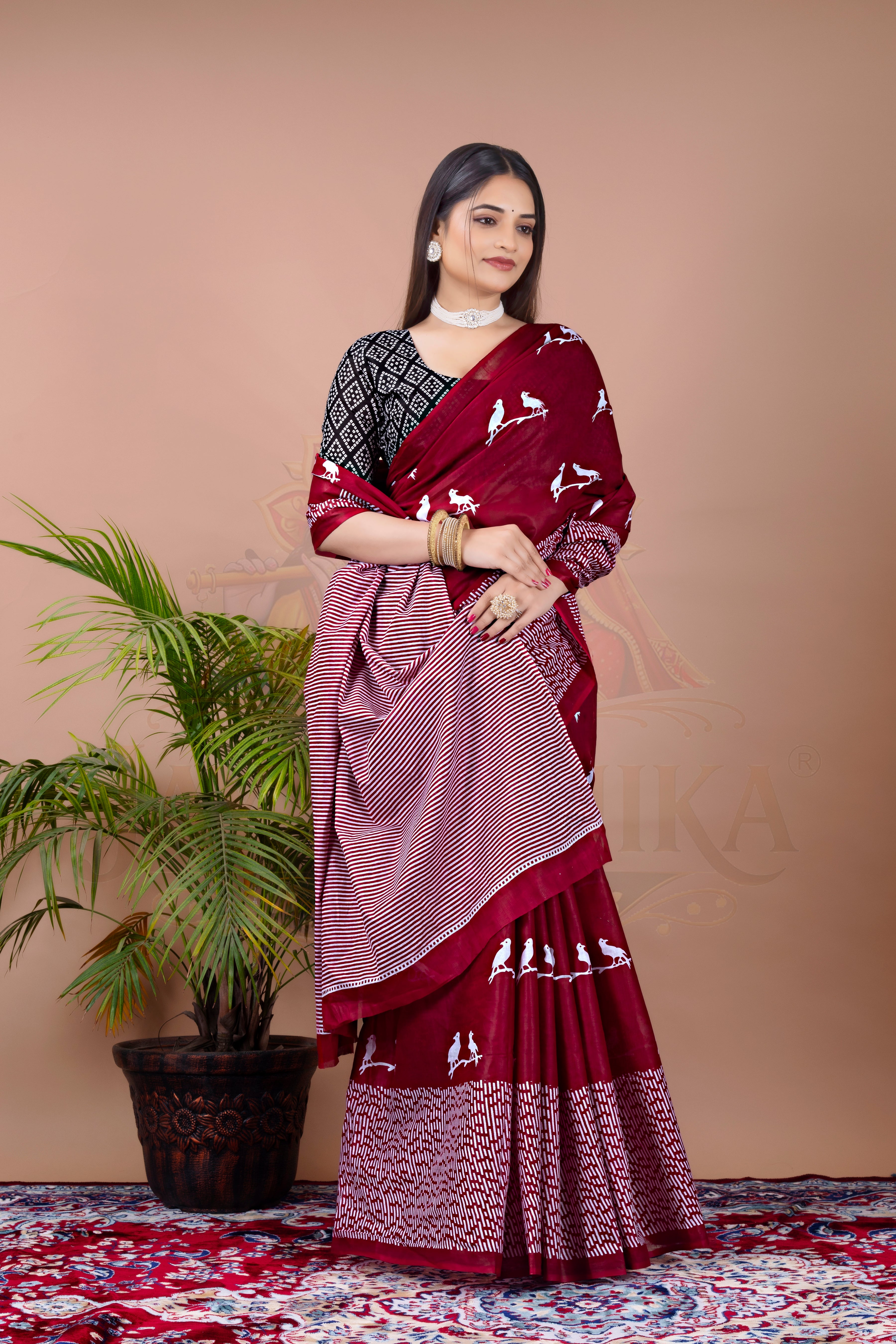 Maroon Bird Motif Cotton Printed Saree Jay Radhika Textile