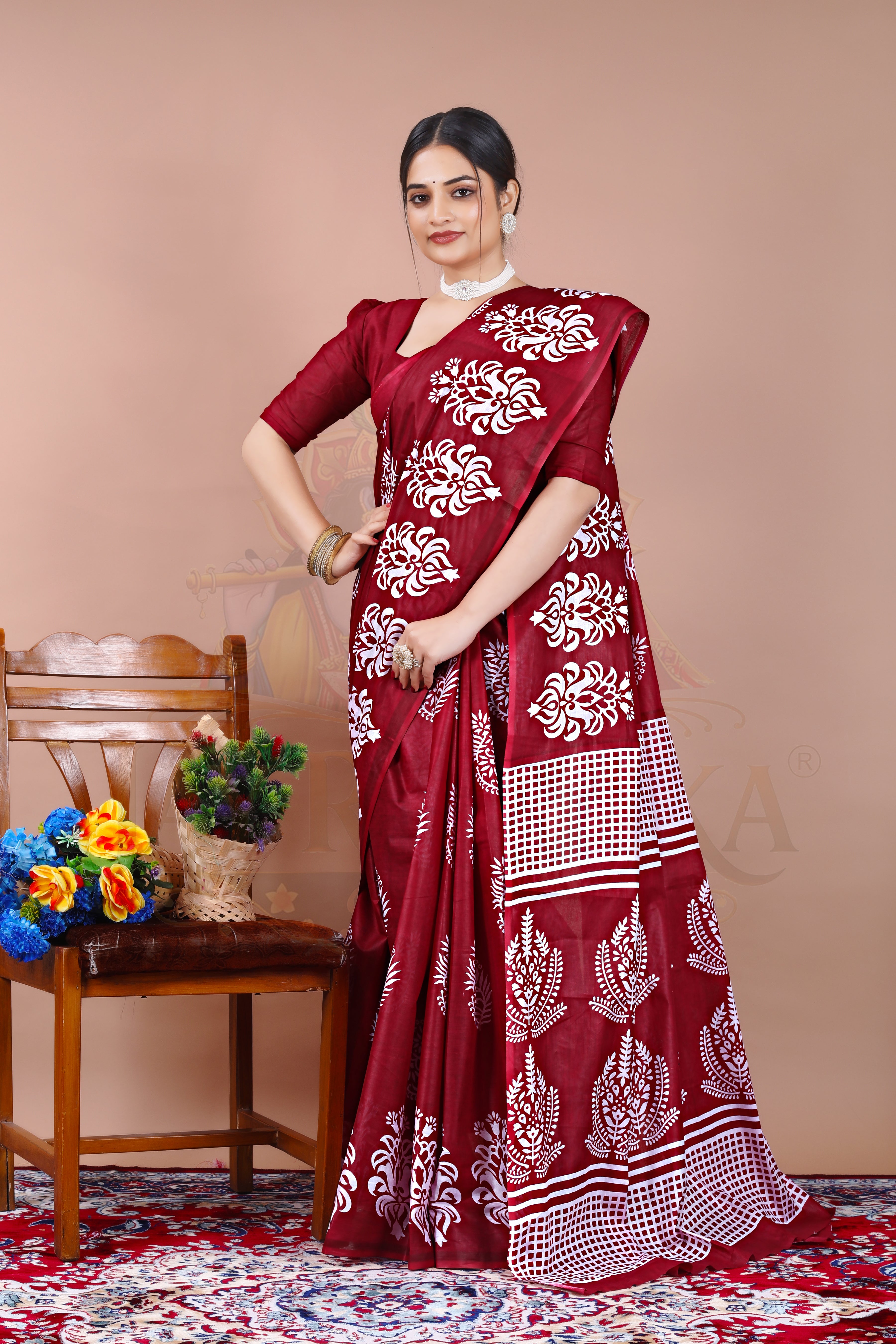Maroon Classic Floral Cotton Printed Saree Jay Radhika Textile