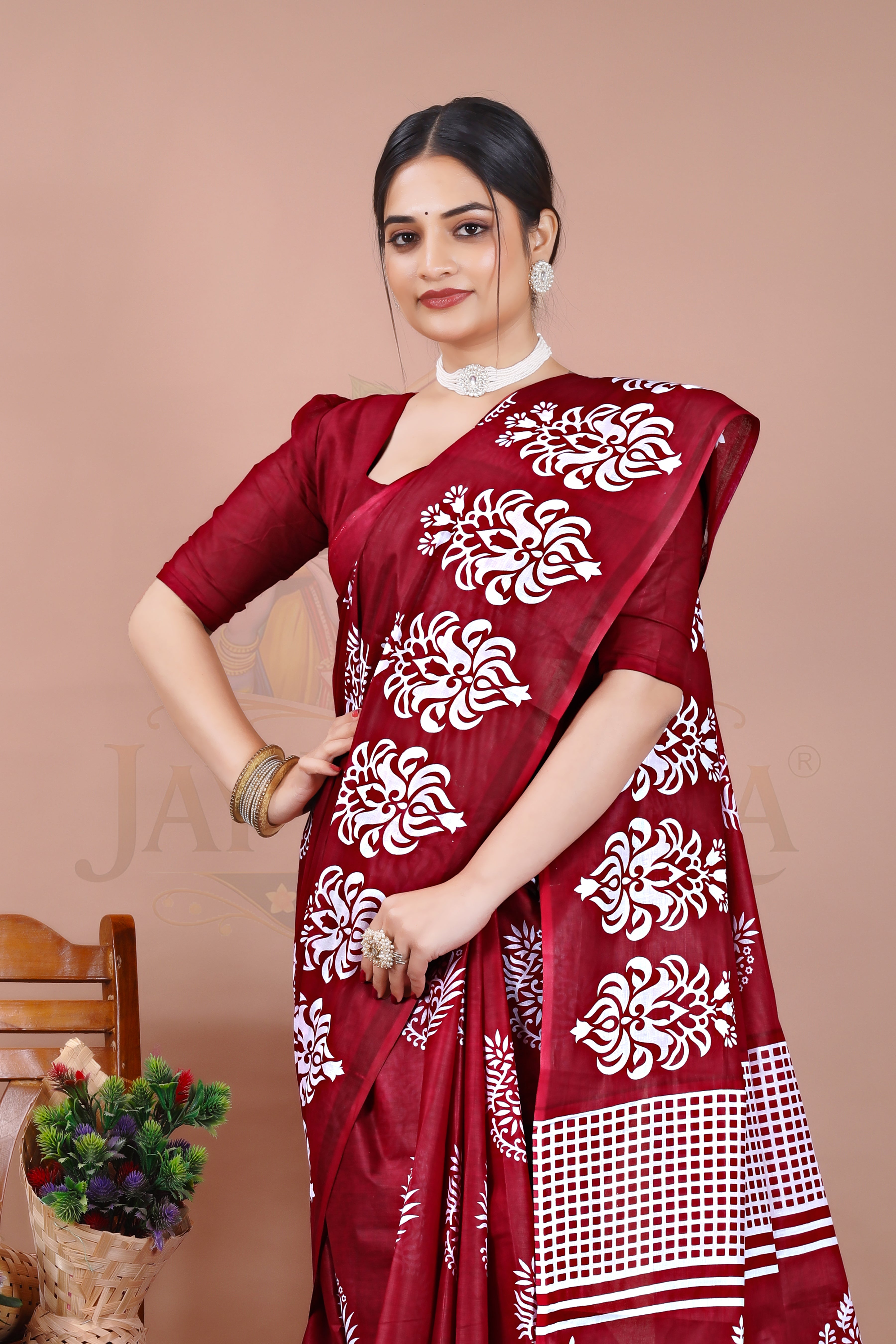Maroon Classic Floral Cotton Printed Saree Jay Radhika Textile