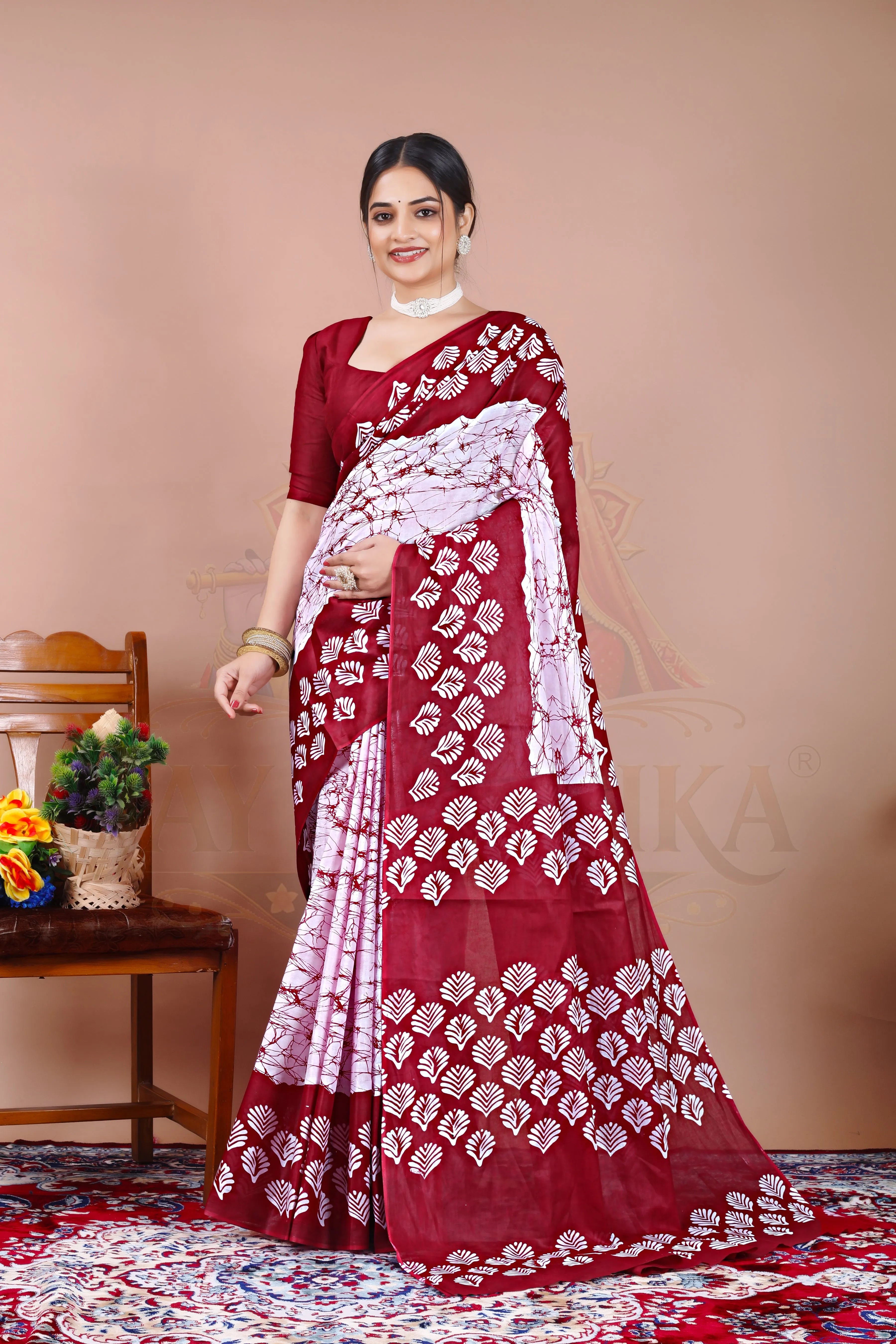 Maroon Cotton Printed Saree Jay Radhika Textile
