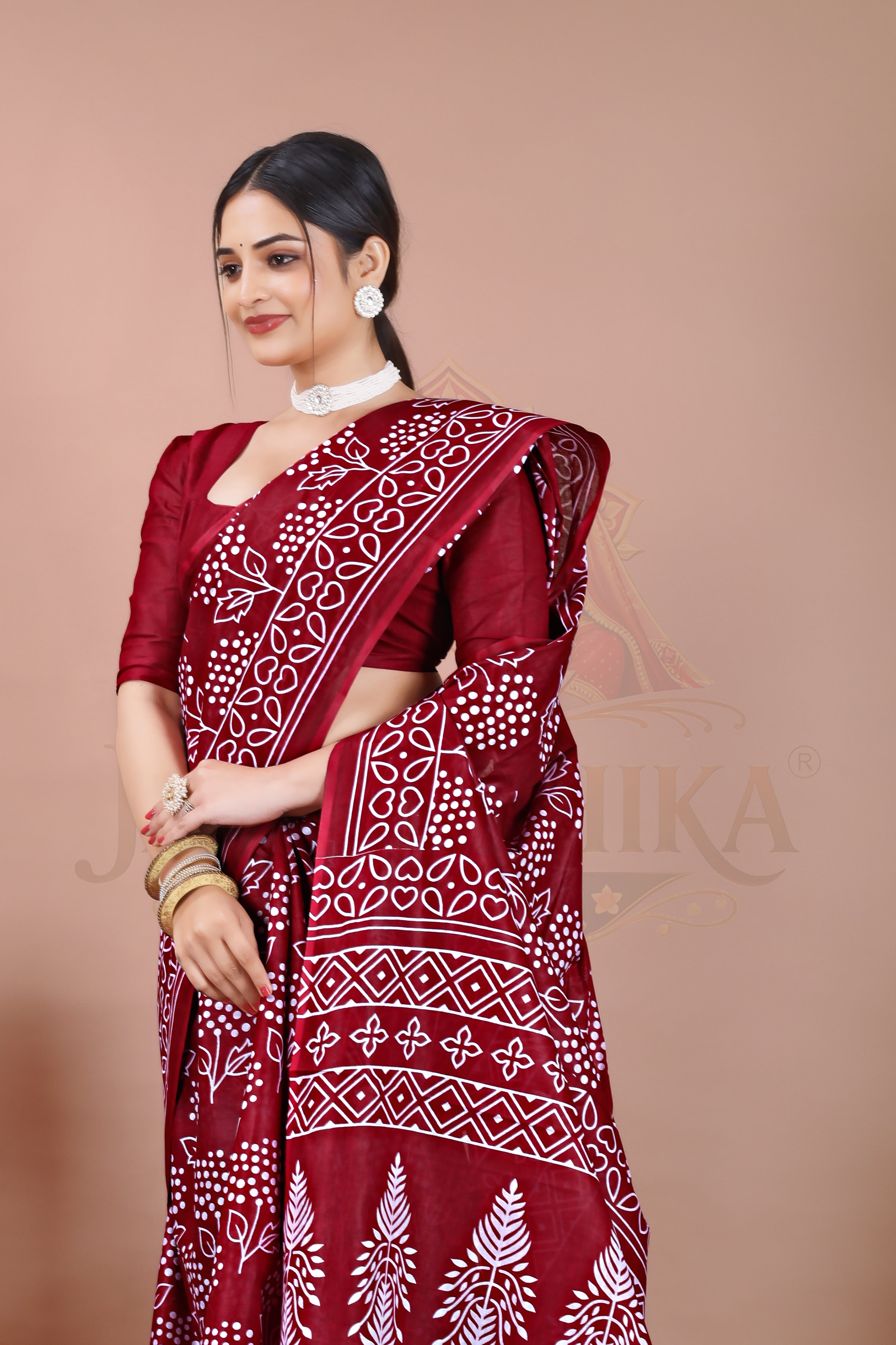 Maroon Cotton Printed Saree Jay Radhika Textile