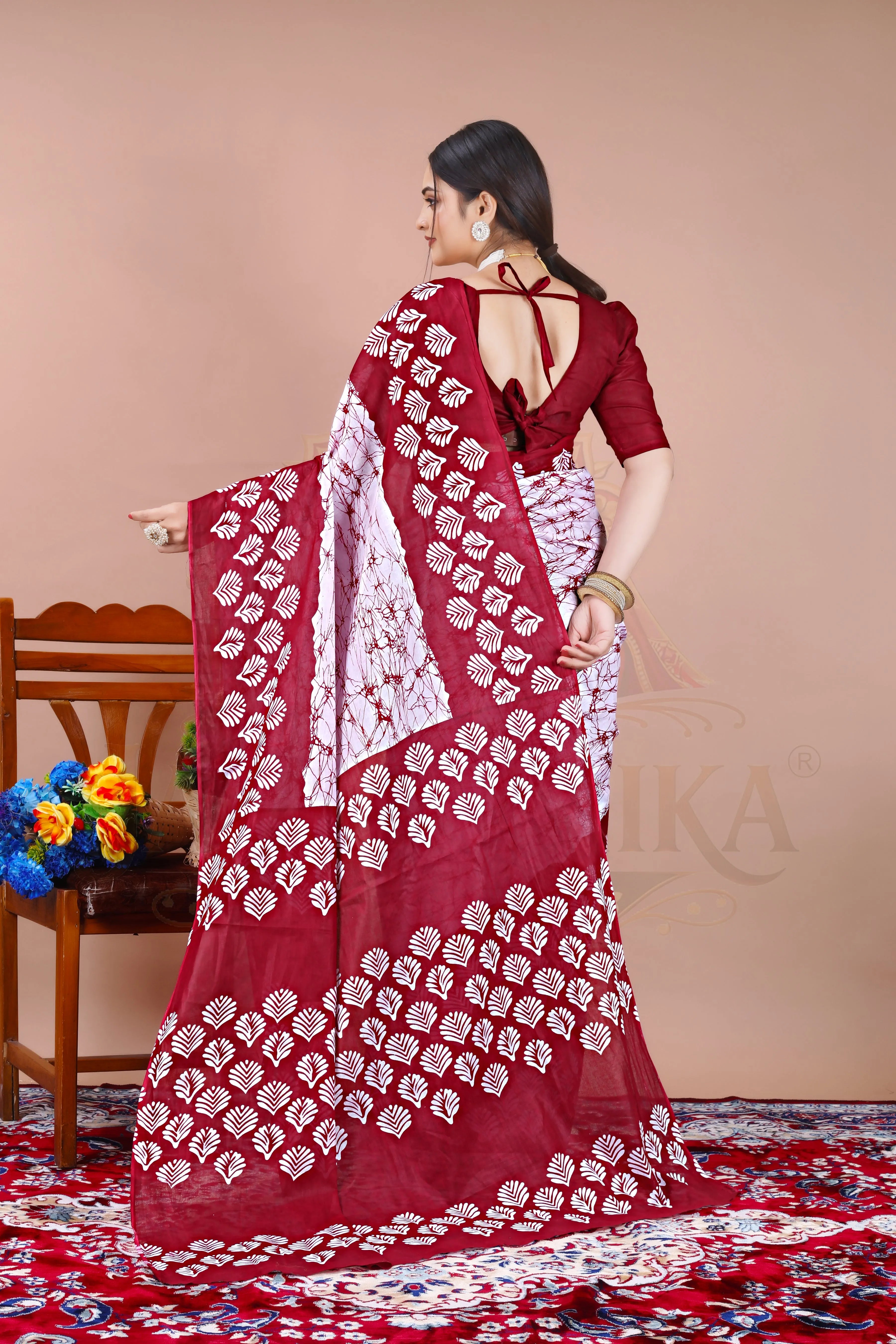 Maroon Cotton Printed Saree Jay Radhika Textile