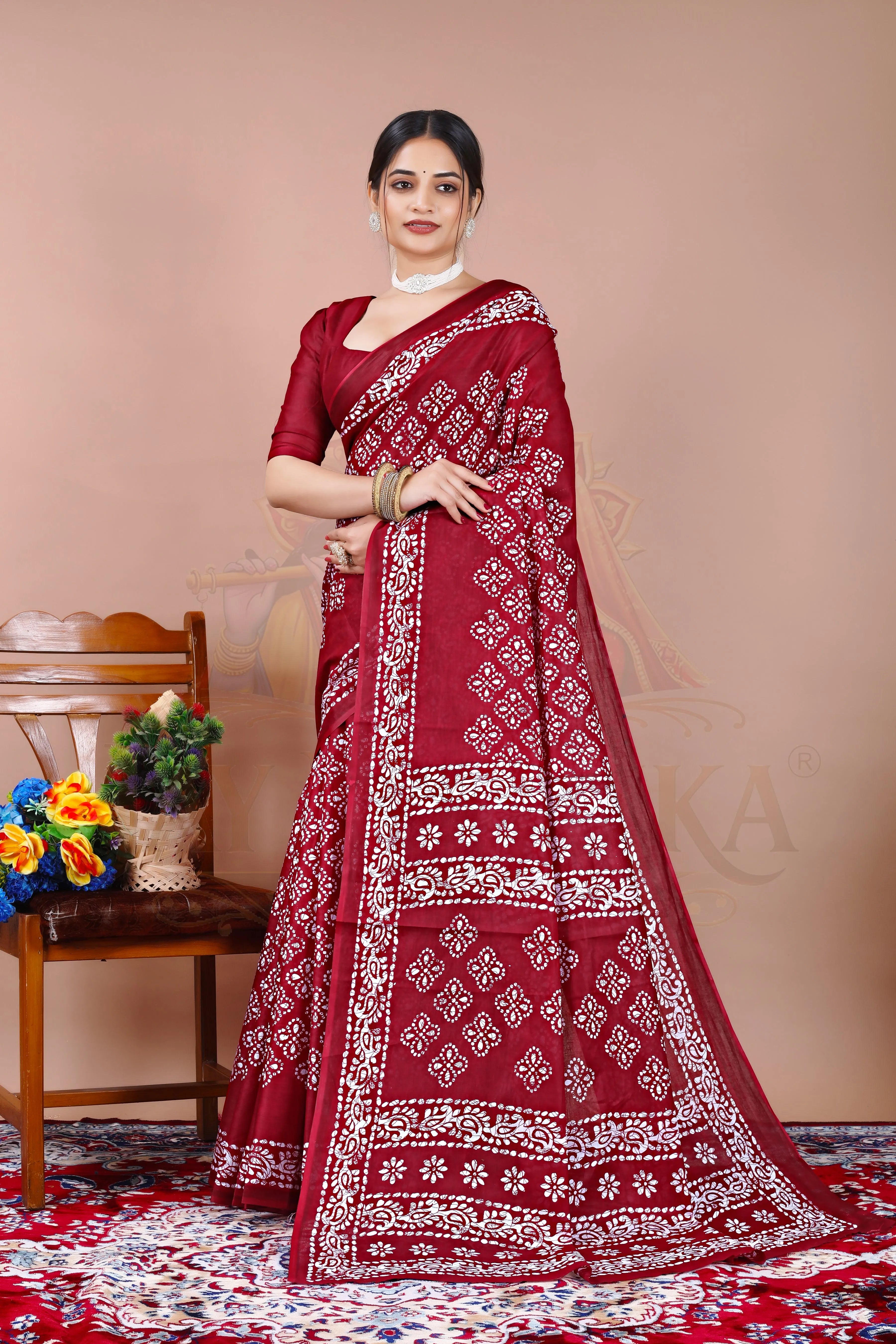 Maroon Cotton Printed Saree Jay Radhika Textile
