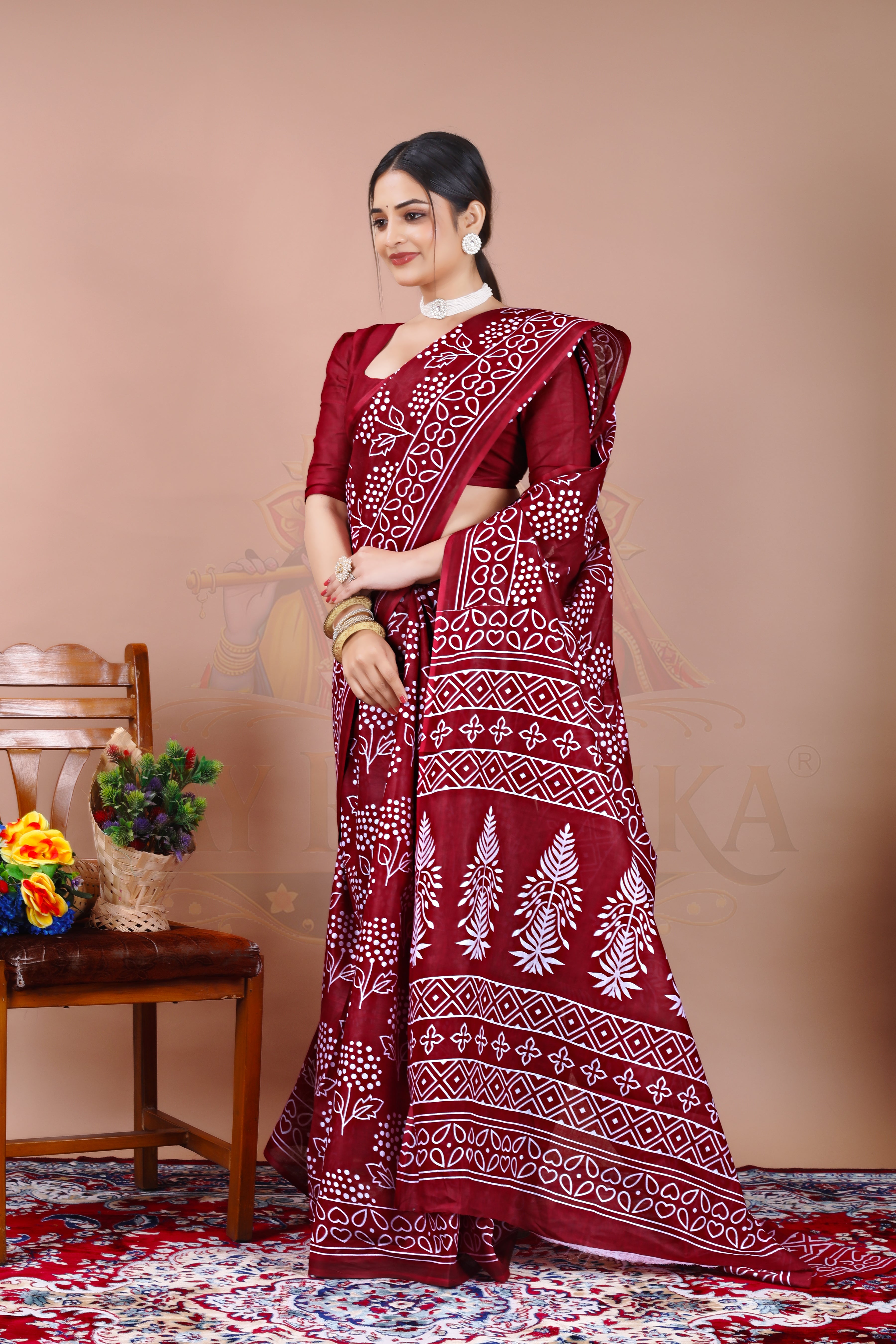Maroon Cotton Printed Saree Jay Radhika Textile