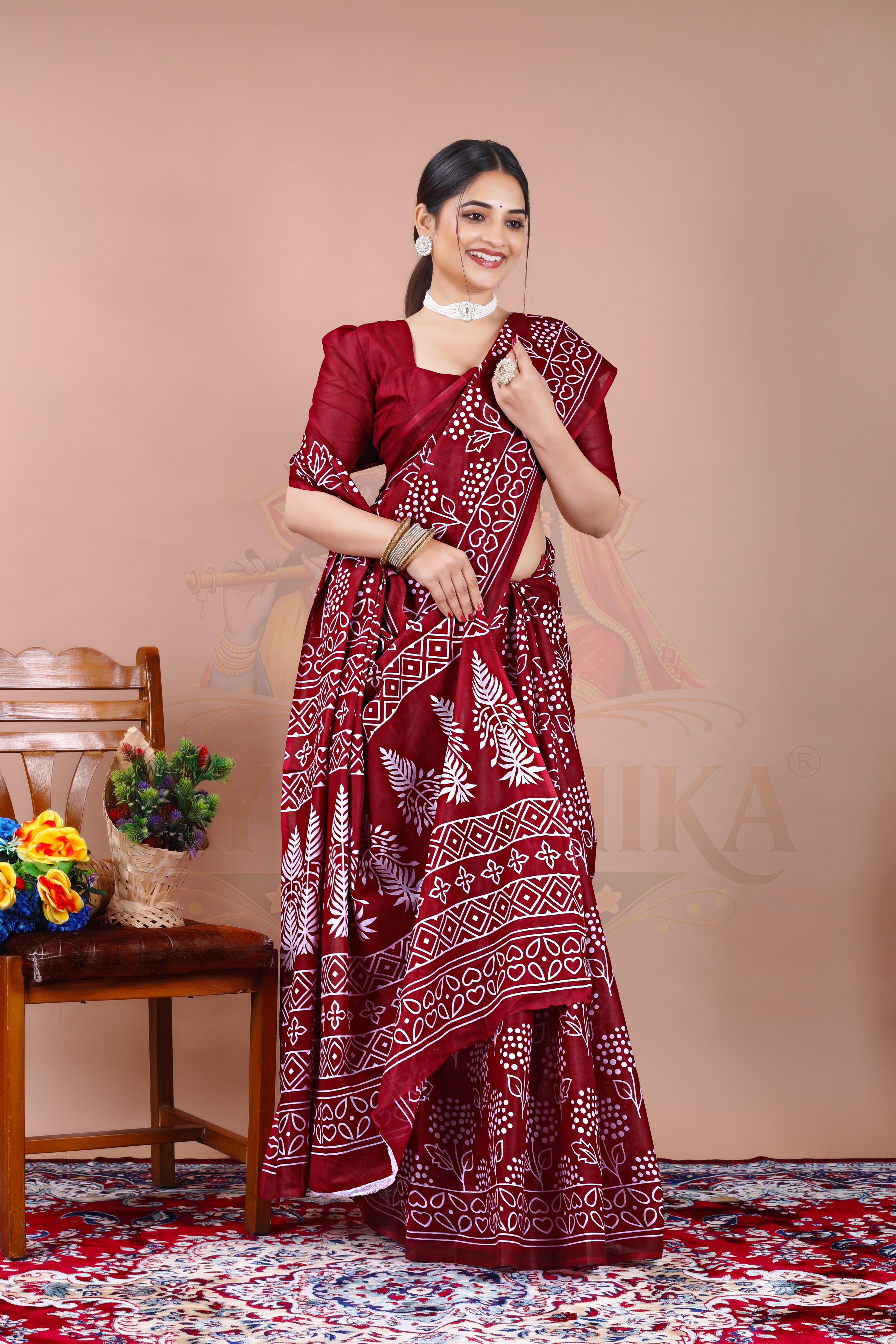 Maroon Cotton Printed Saree Jay Radhika Textile