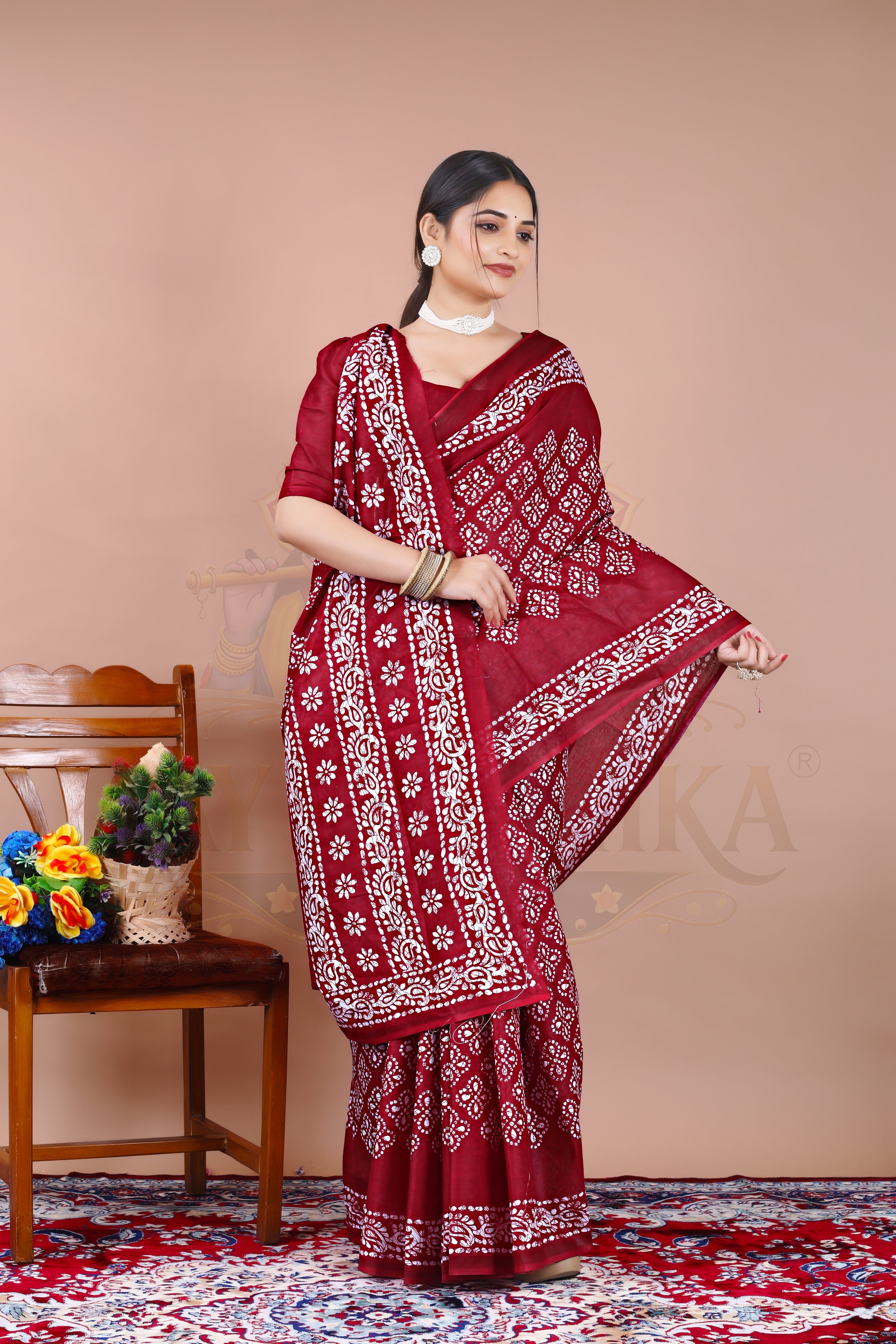 Maroon Cotton Printed Saree Jay Radhika Textile