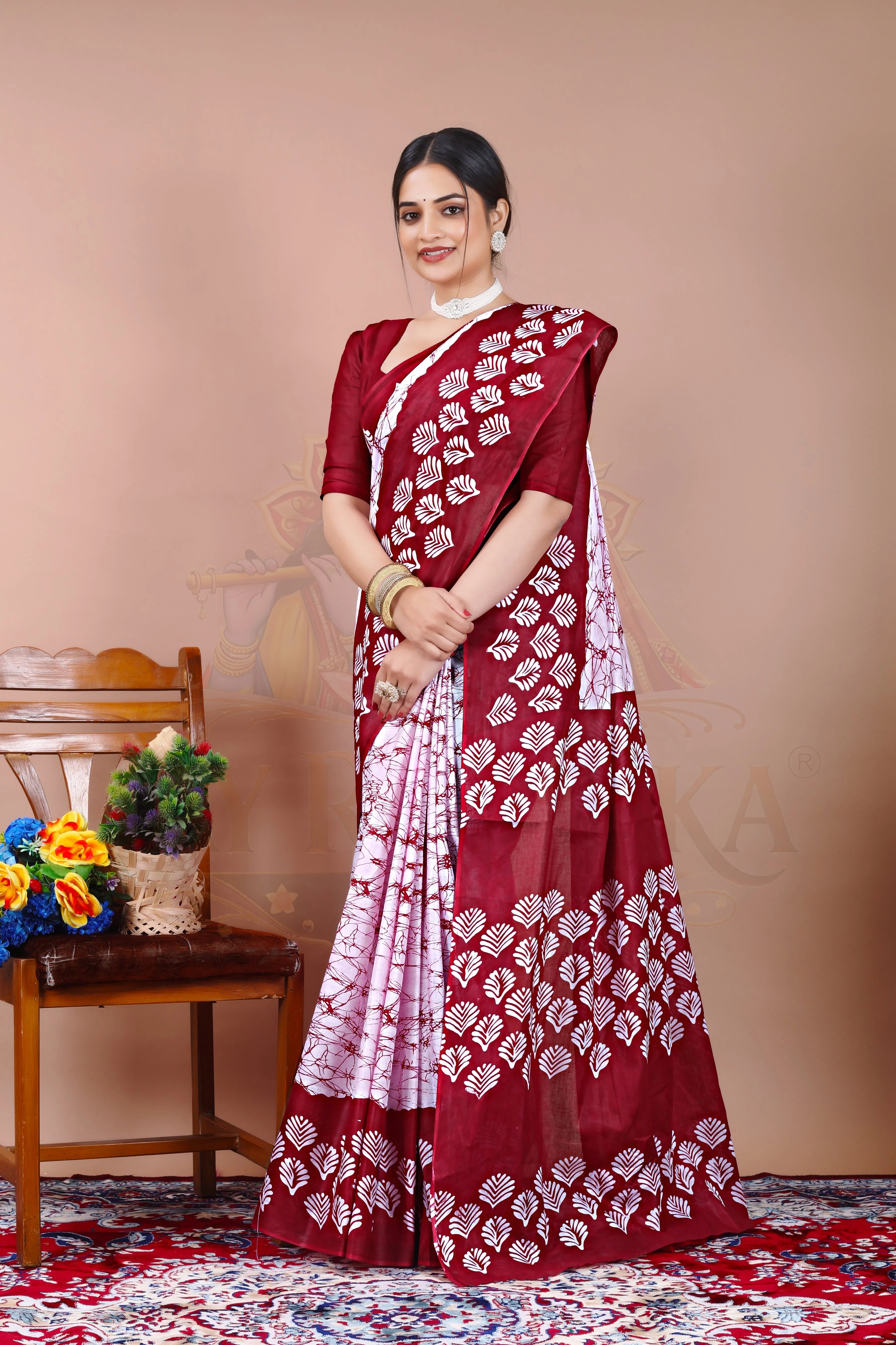 Maroon Cotton Printed Saree Jay Radhika Textile