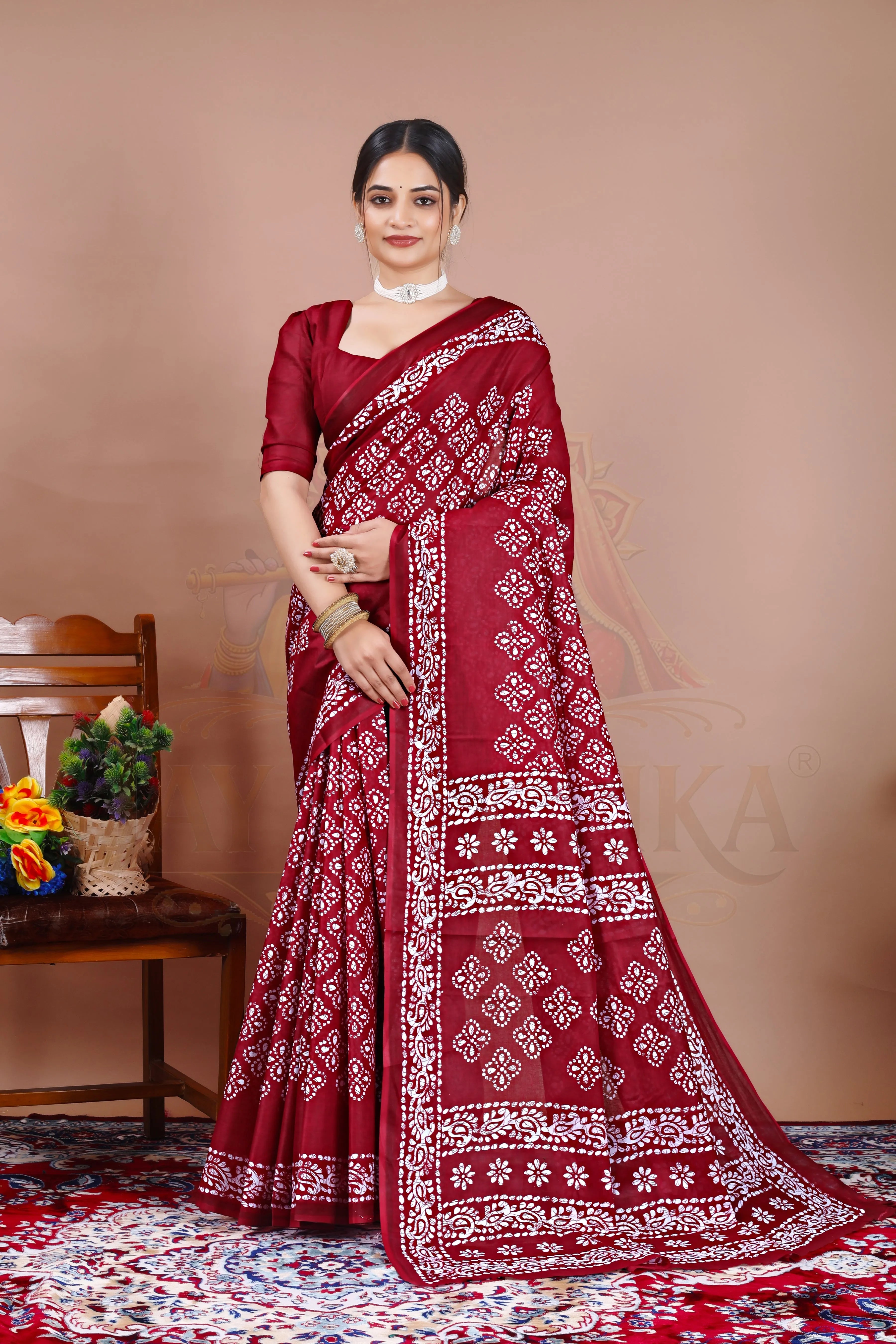 Maroon Cotton Printed Saree Jay Radhika Textile