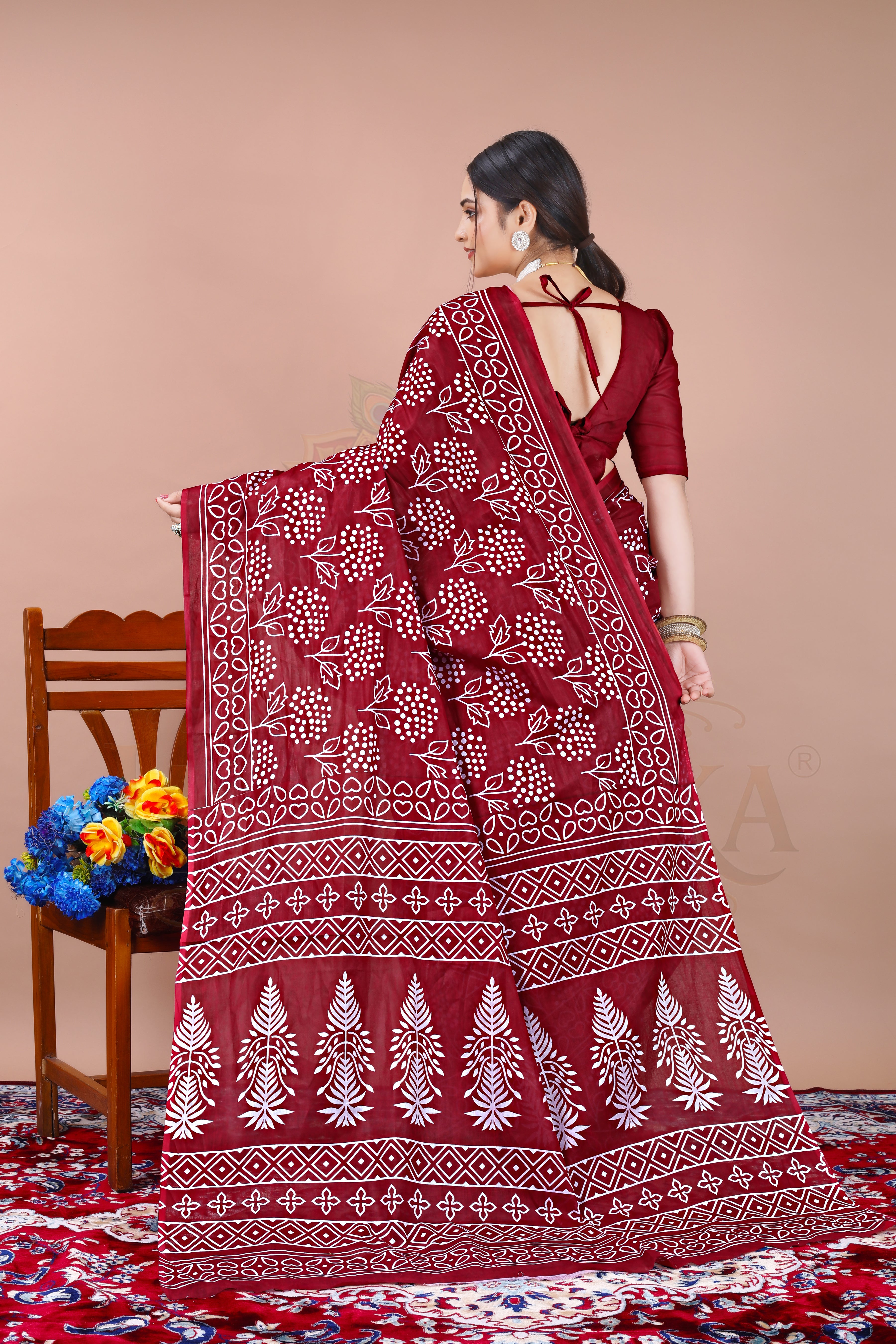 Maroon Cotton Printed Saree Jay Radhika Textile