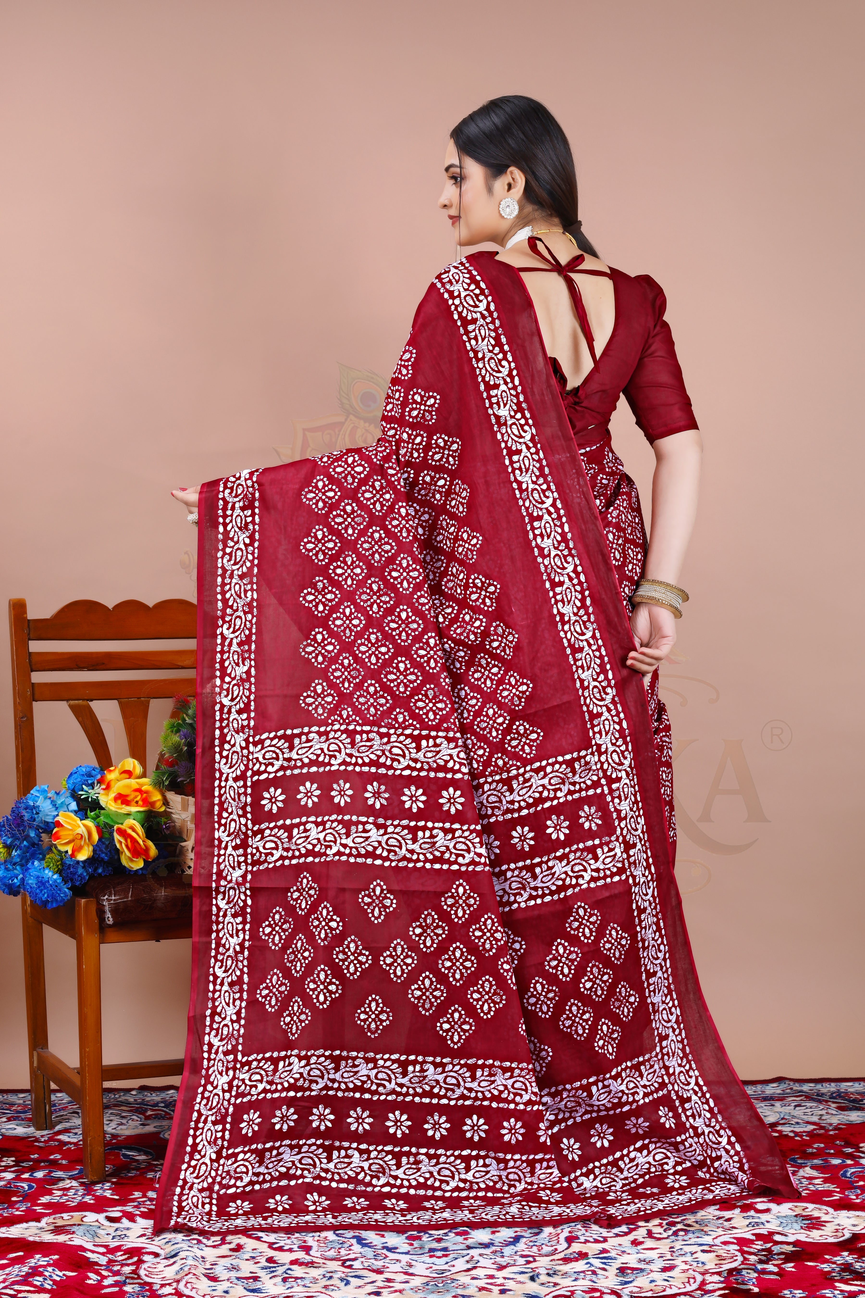 Maroon Cotton Printed Saree Jay Radhika Textile