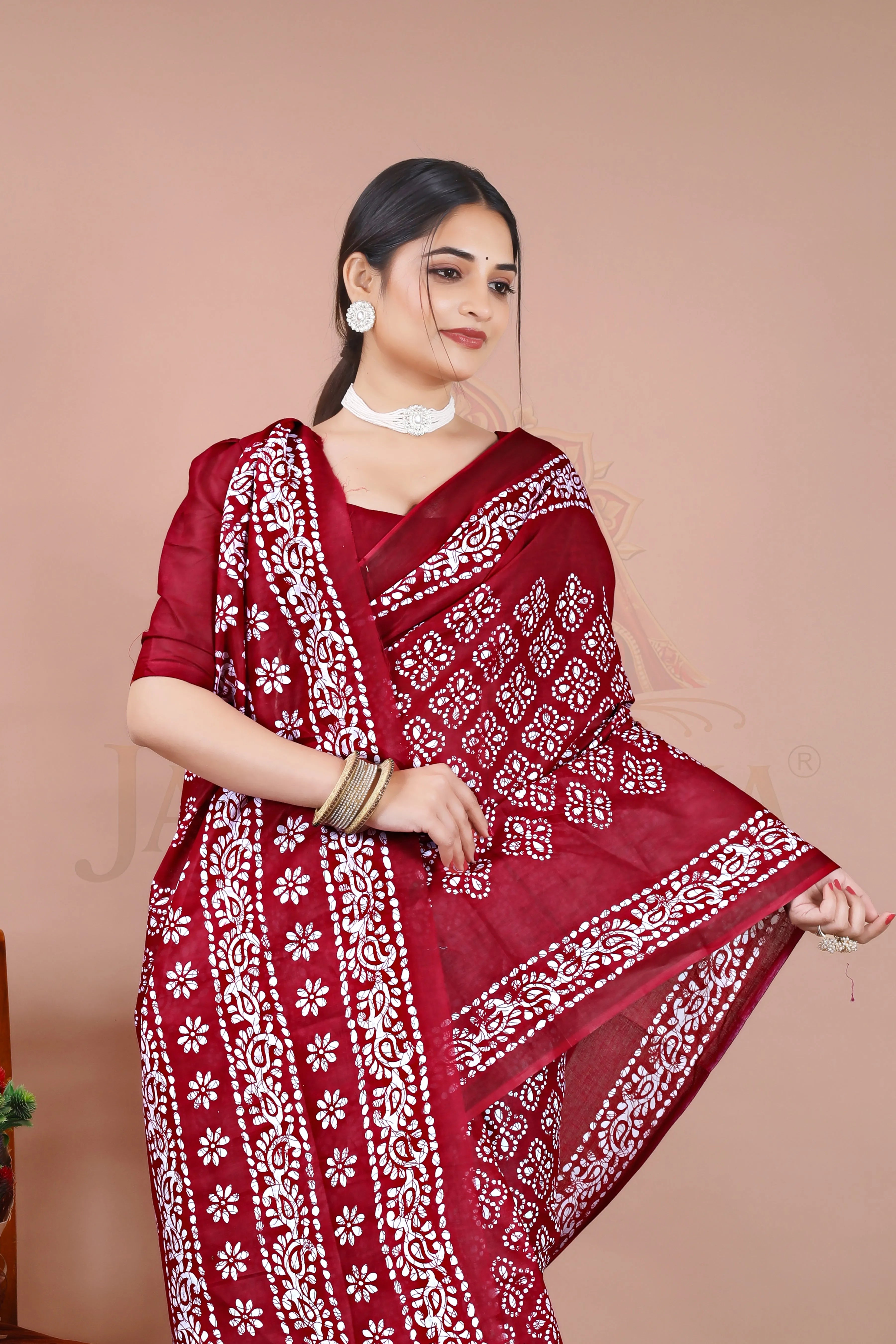 Maroon Cotton Printed Saree Jay Radhika Textile