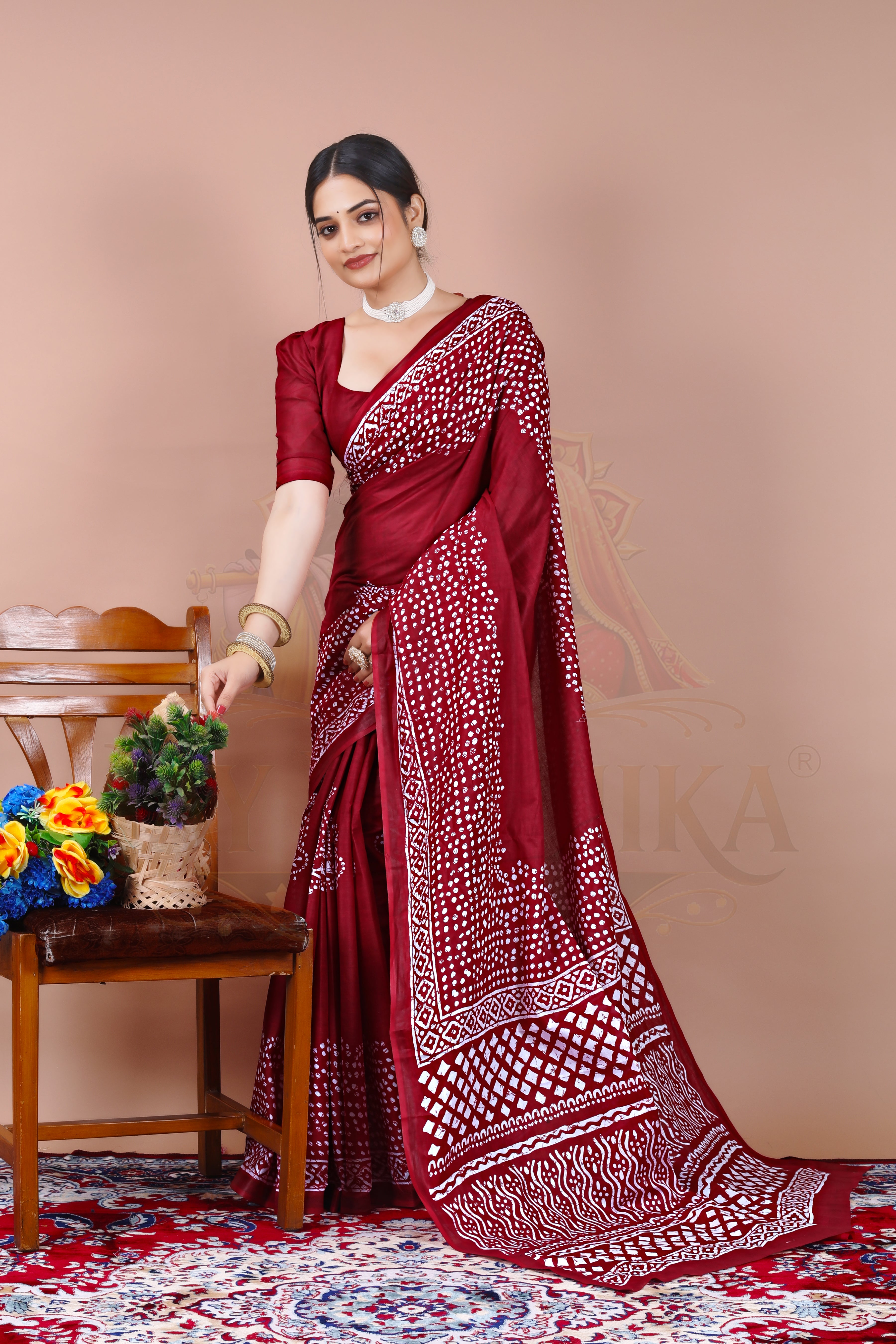 Maroon Dotted Cotton Printed Saree Jay Radhika Textile
