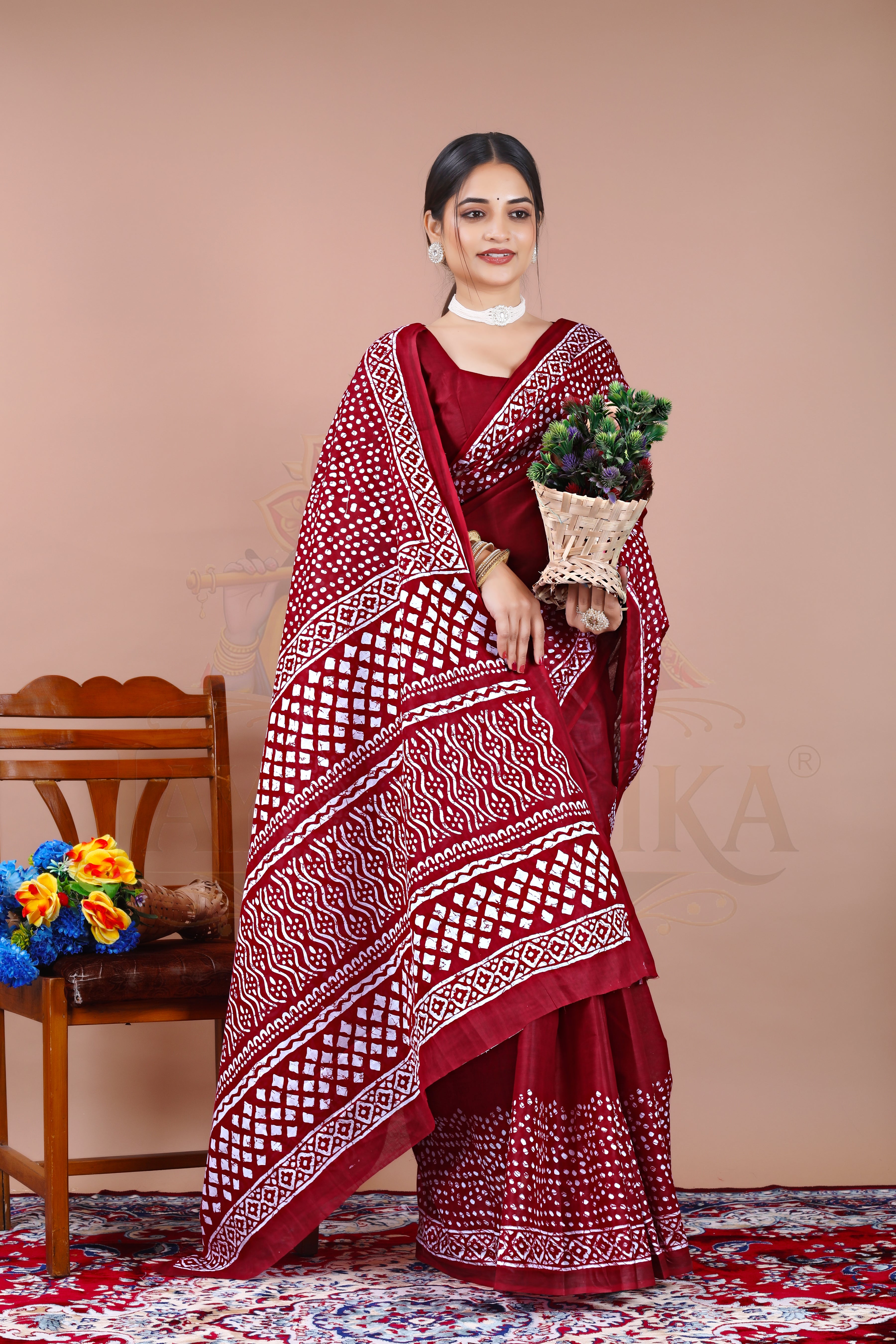 Maroon Dotted Cotton Printed Saree Jay Radhika Textile