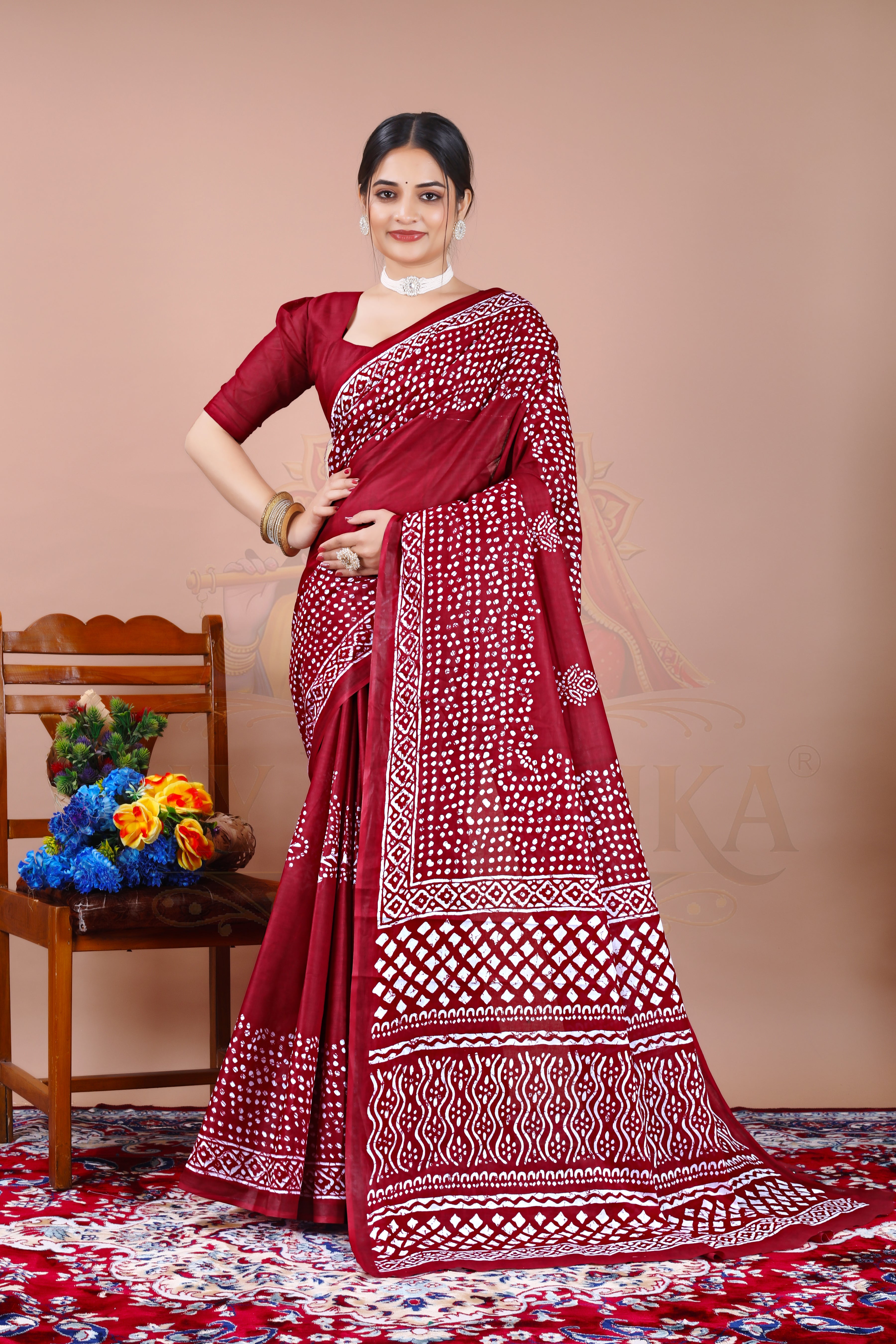 Maroon Dotted Cotton Printed Saree Jay Radhika Textile