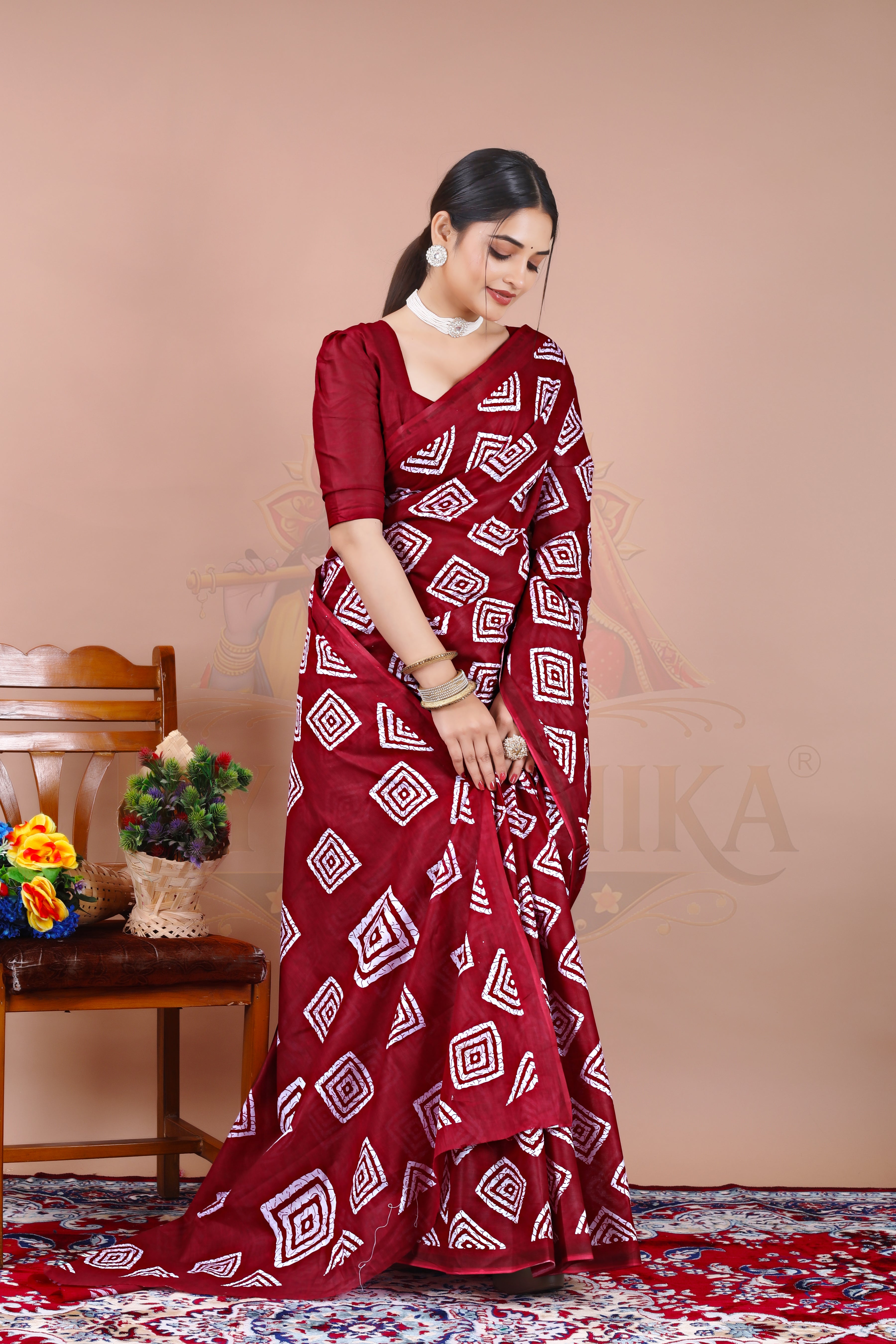 Maroon Geometric Cotton Printed Saree Jay Radhika Textile