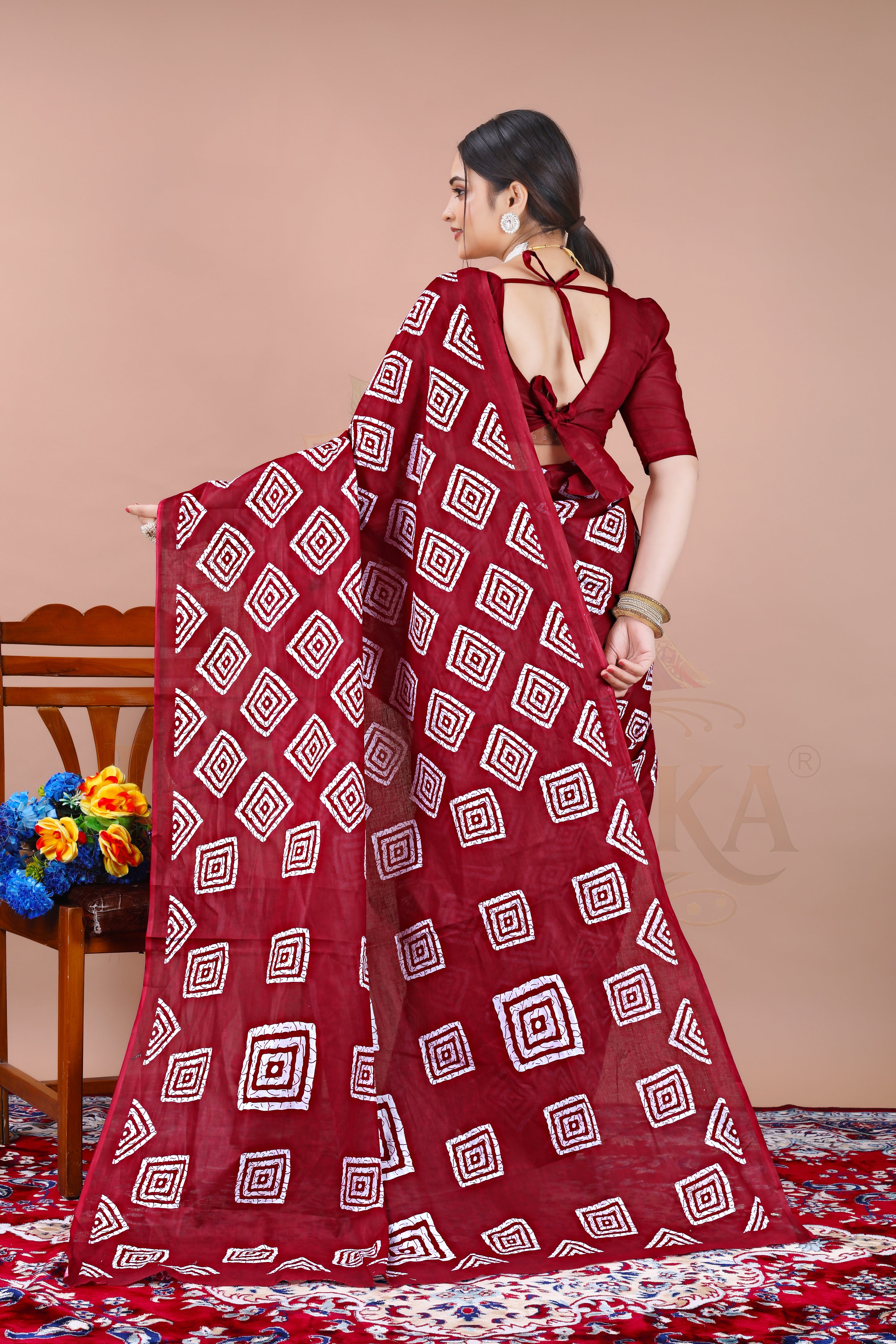 Maroon Geometric Cotton Printed Saree Jay Radhika Textile