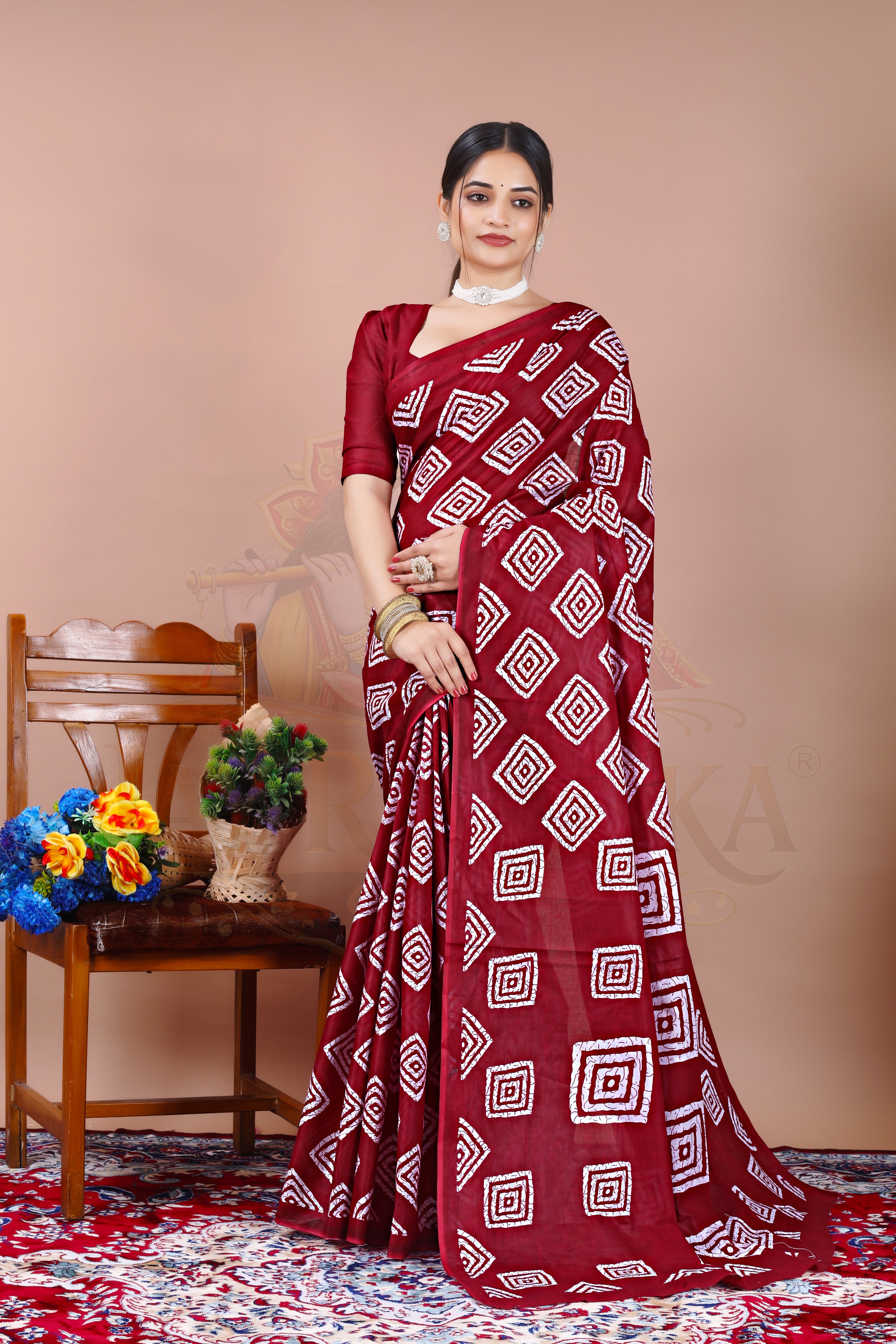 Maroon Geometric Cotton Printed Saree Jay Radhika Textile