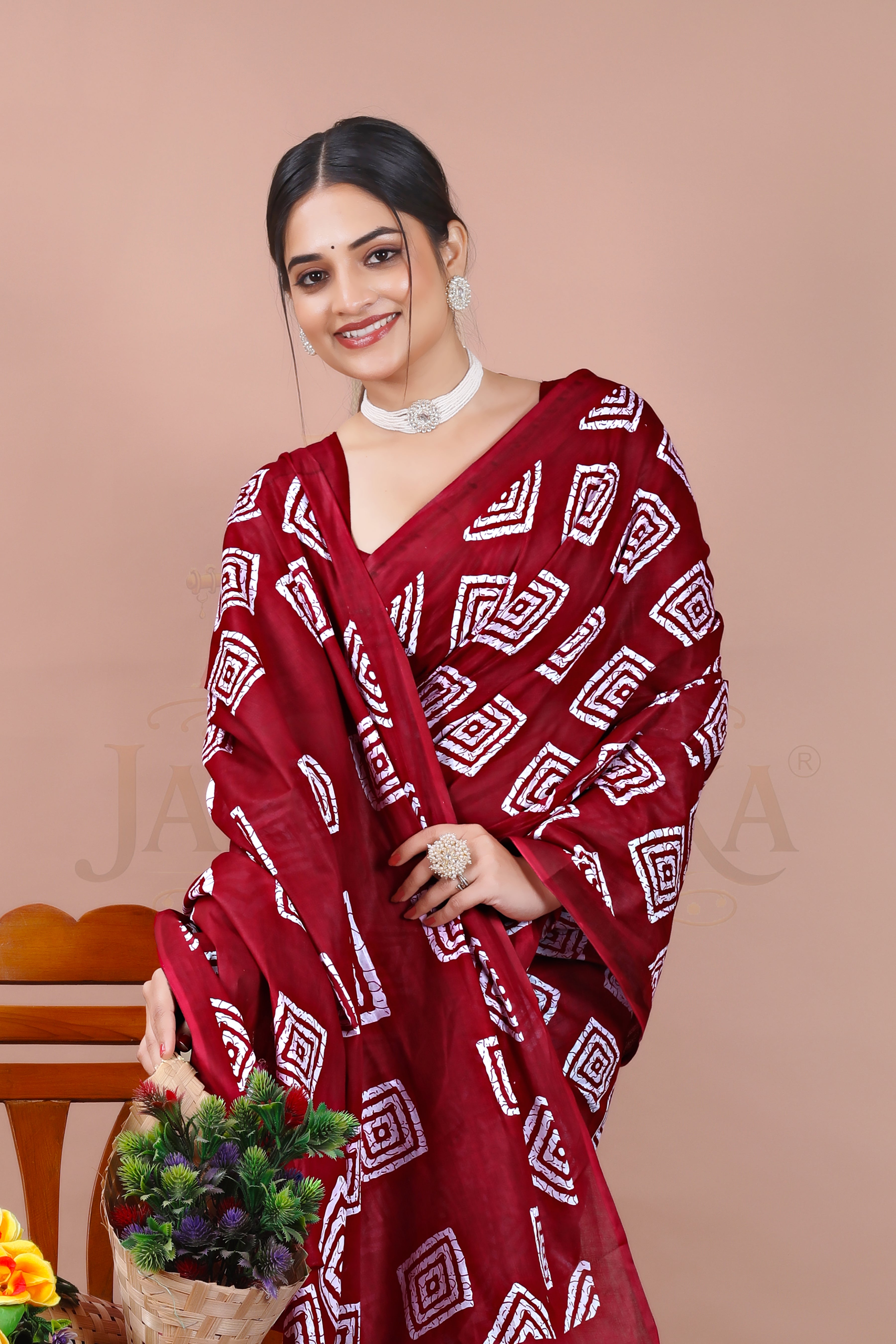 Maroon Geometric Cotton Printed Saree Jay Radhika Textile