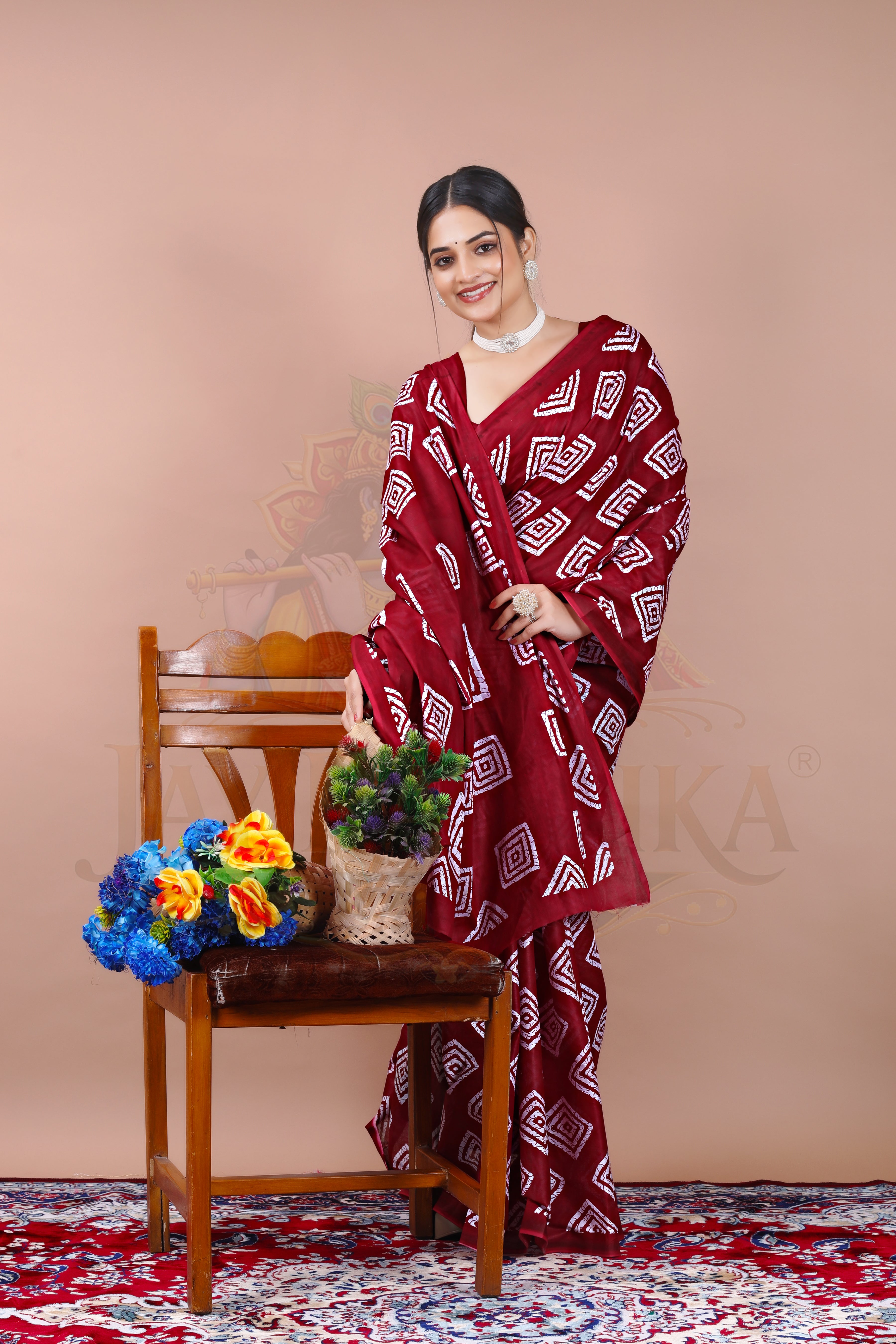 Maroon Geometric Cotton Printed Saree Jay Radhika Textile