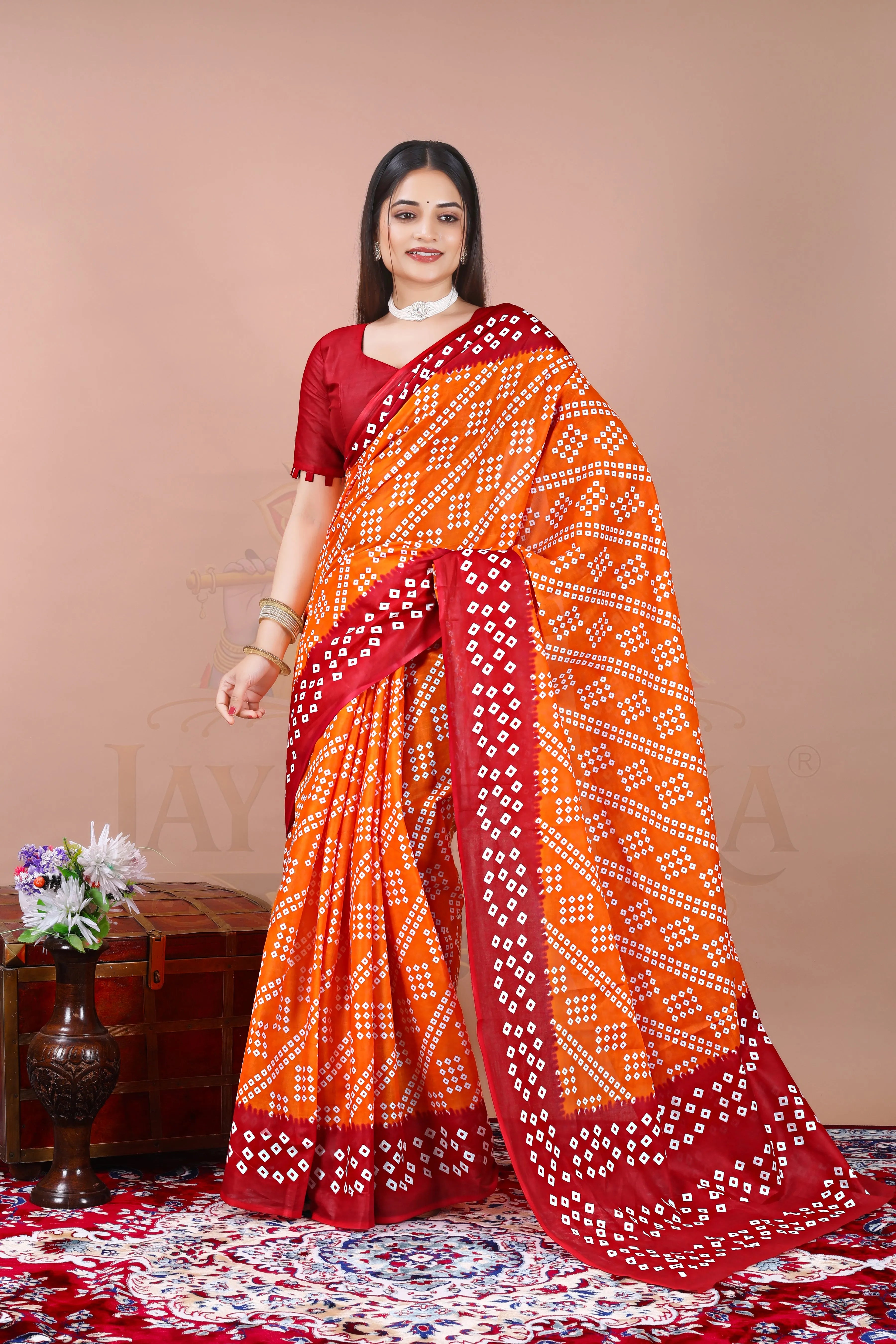Orange Red Bandhej Cotton Printed Saree Jay Radhika Textile