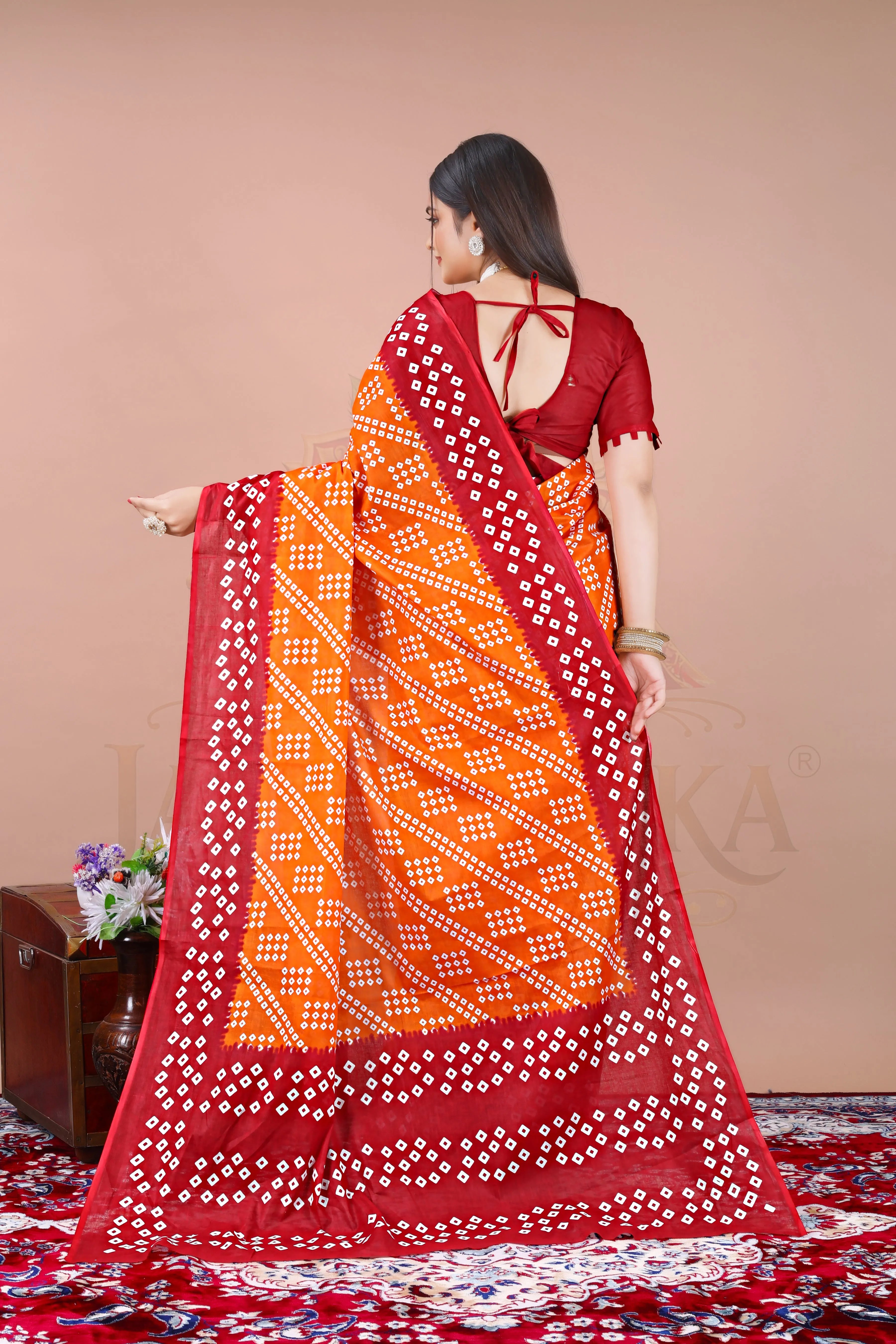Orange Red Bandhej Cotton Printed Saree Jay Radhika Textile