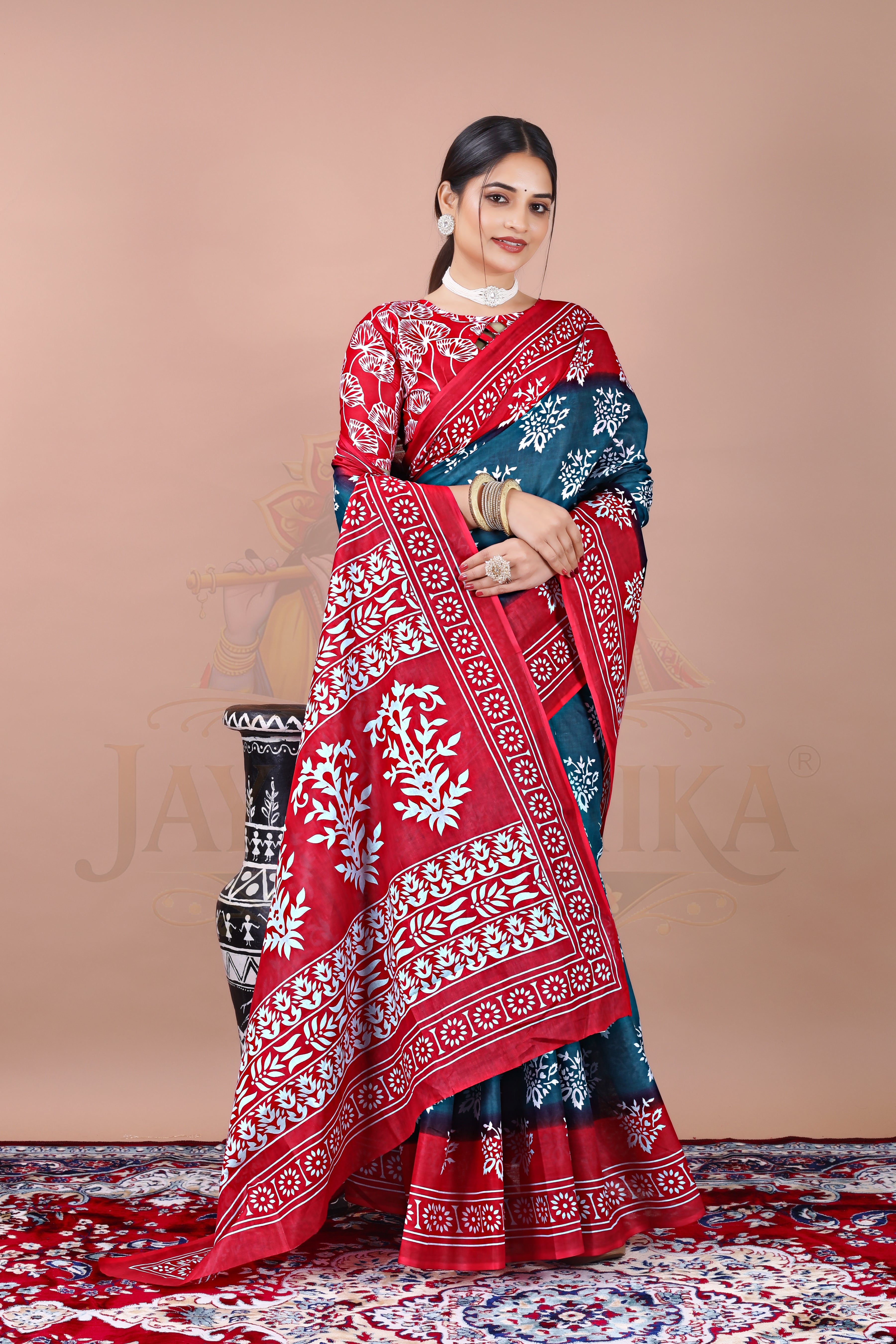 Rama Pink Cotton Printed Saree Jay Radhika Textile
