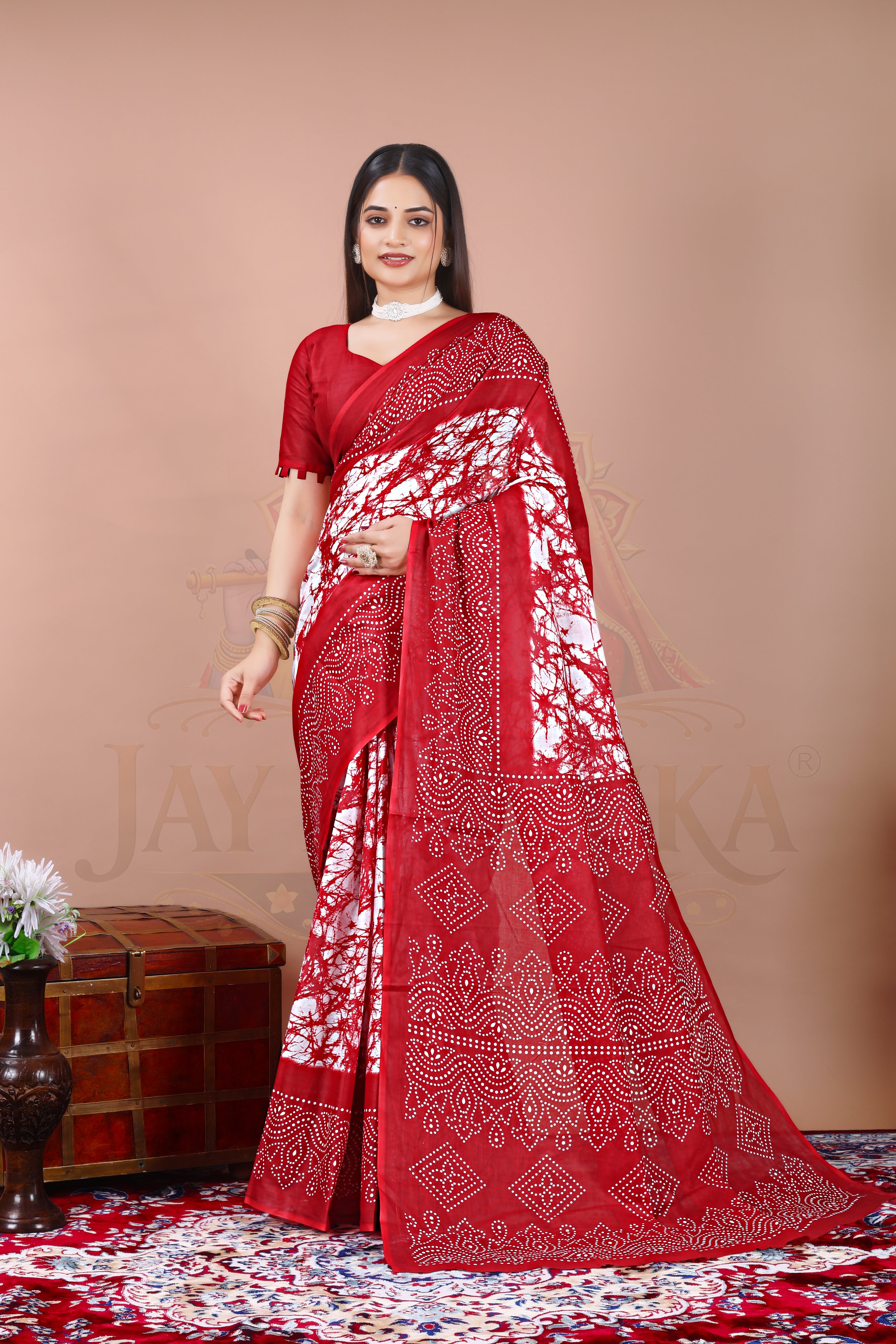 Red Bandhani Cotton Printed Saree Jay Radhika Textile