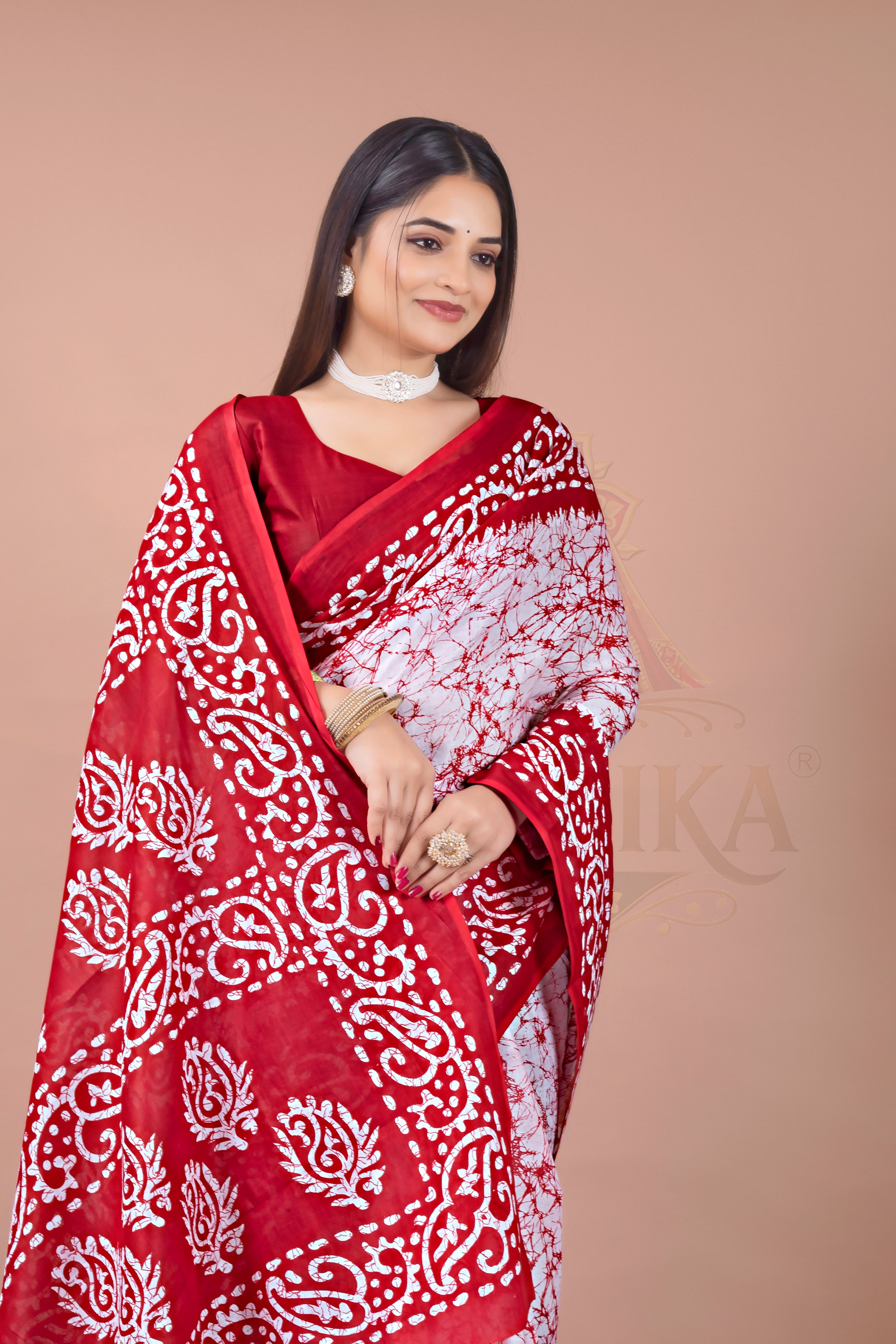 Red Batik Cotton Printed Saree Jay Radhika Textile