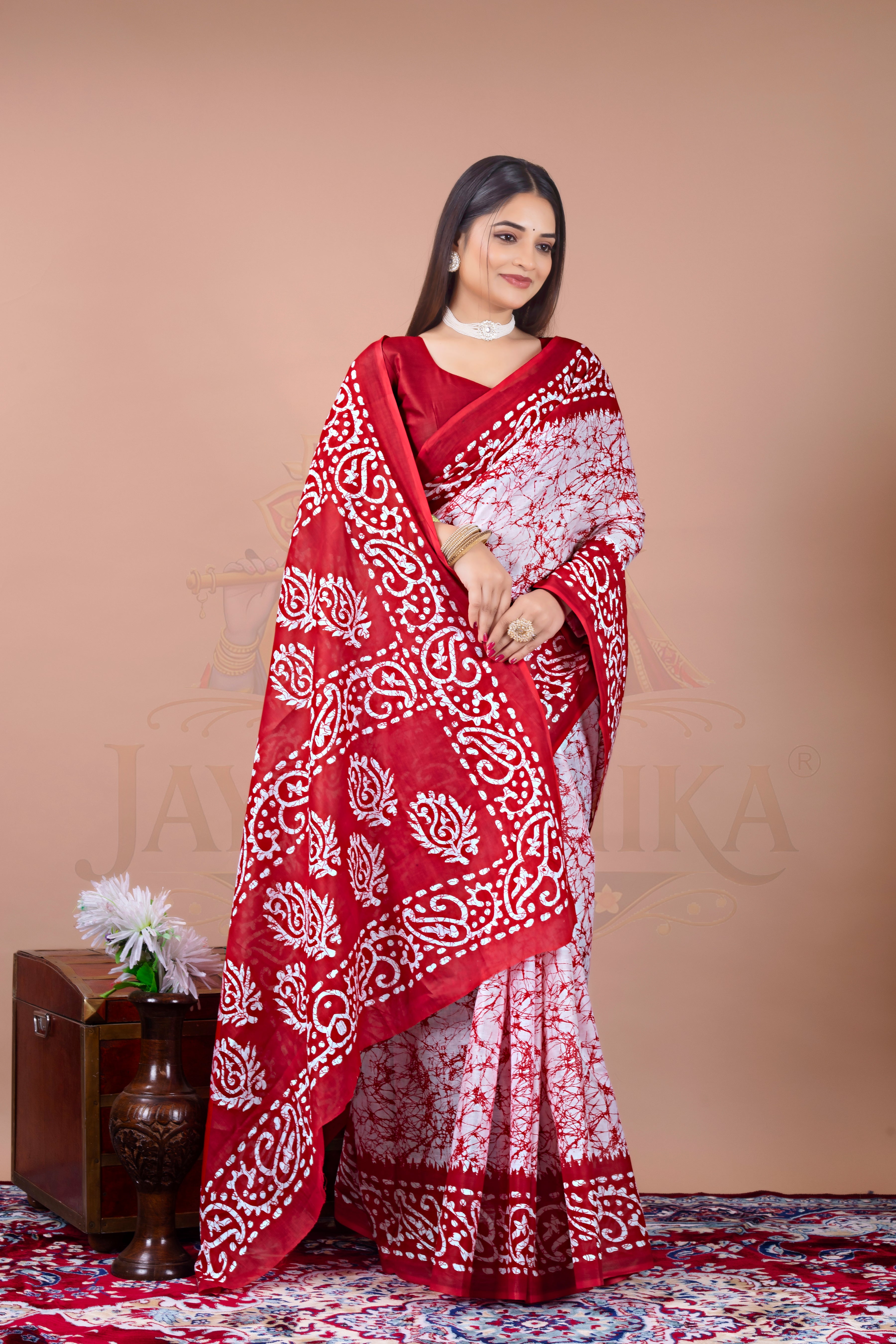 Red Batik Cotton Printed Saree Jay Radhika Textile
