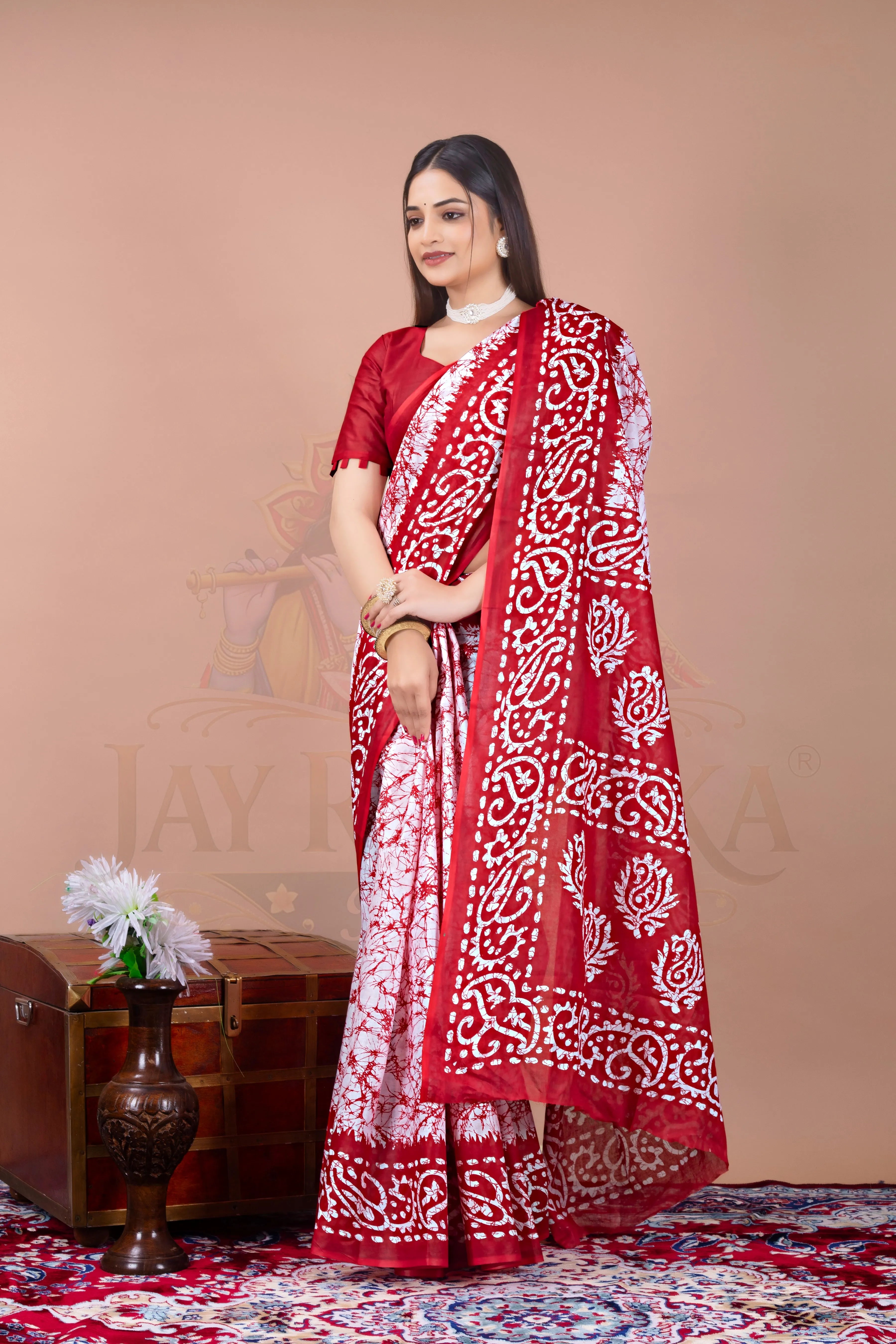 Red Batik Cotton Printed Saree Jay Radhika Textile