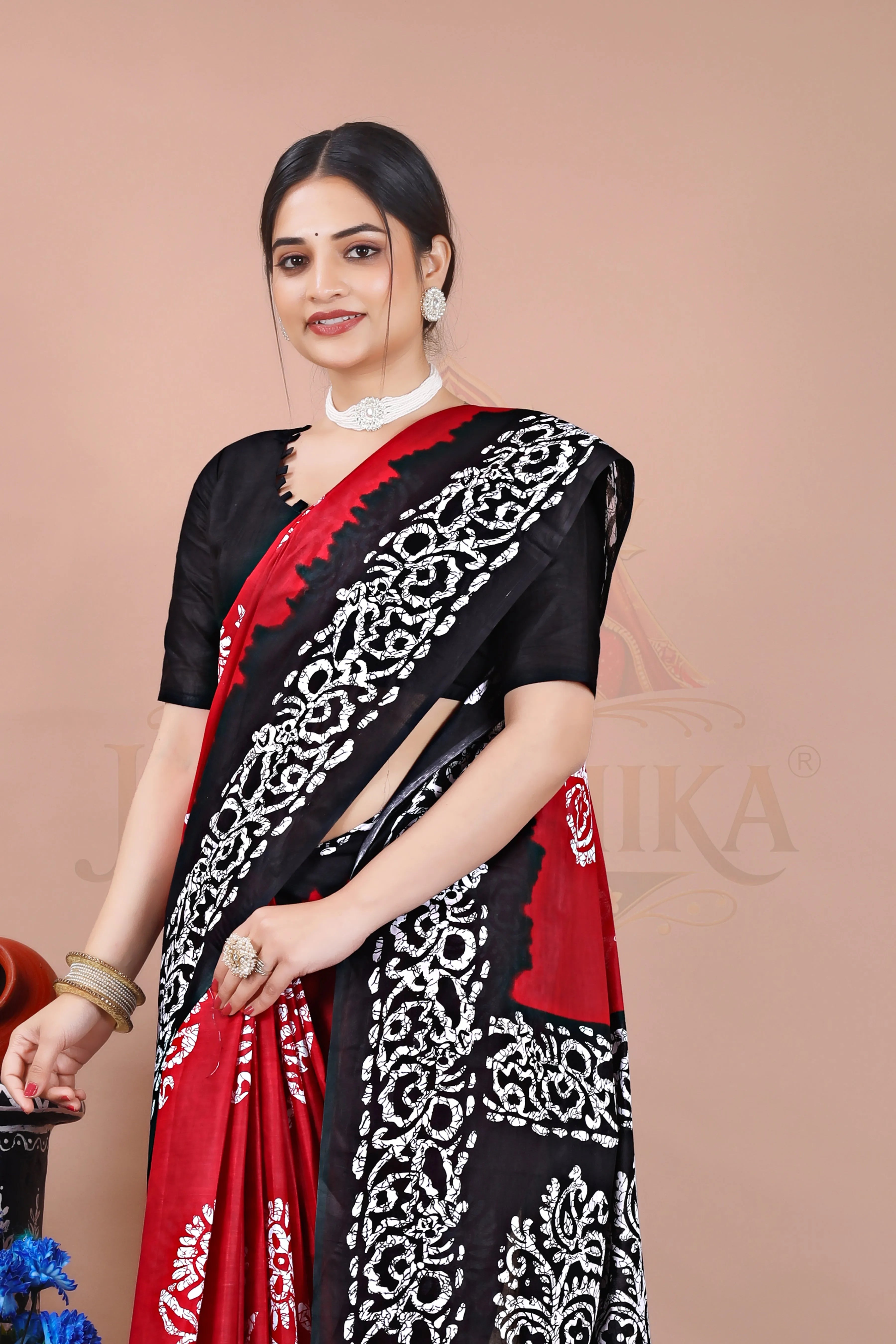 Red Black Heritage Batik Cotton Printed Saree Jay Radhika Textile