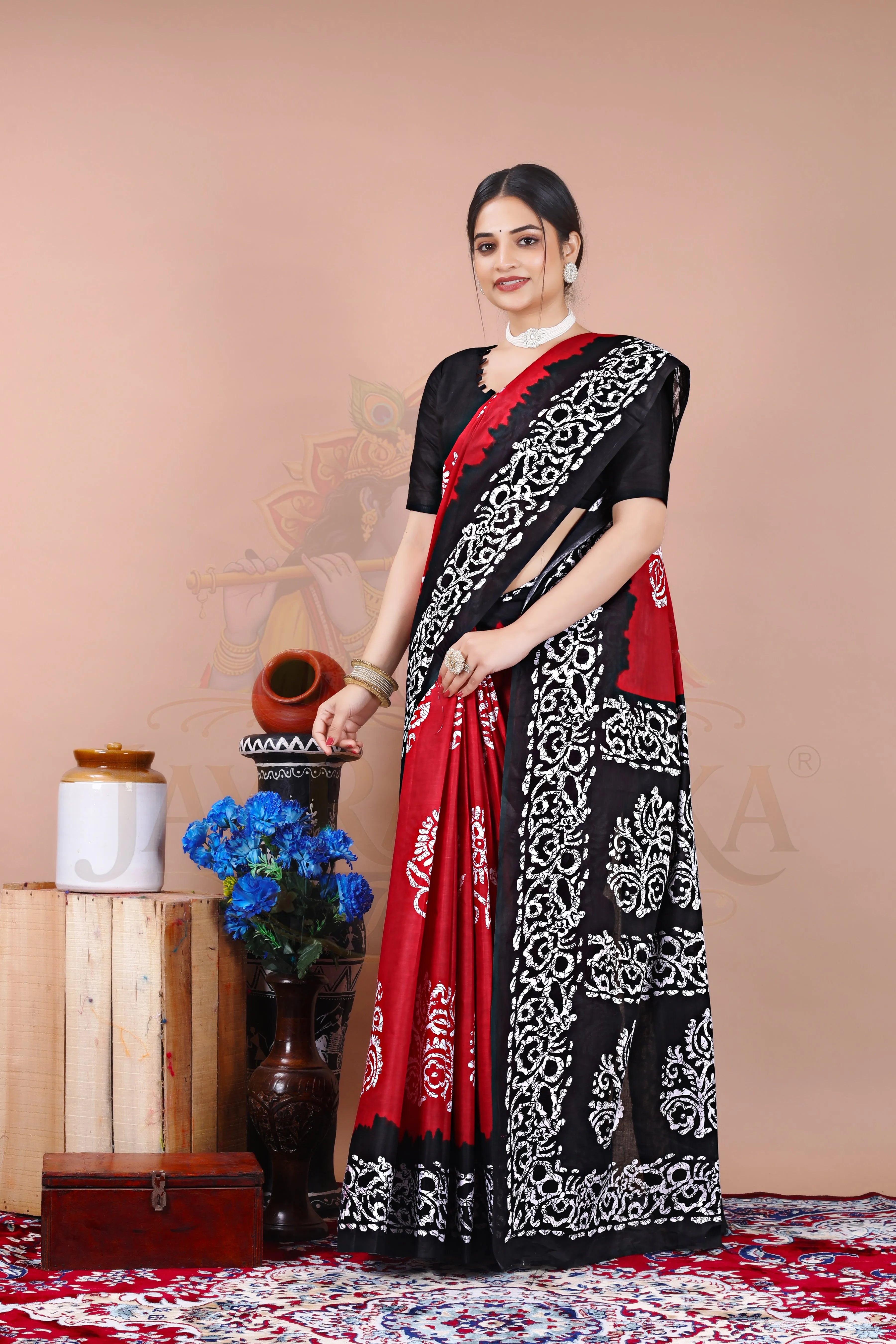 Red Black Heritage Batik Cotton Printed Saree Jay Radhika Textile