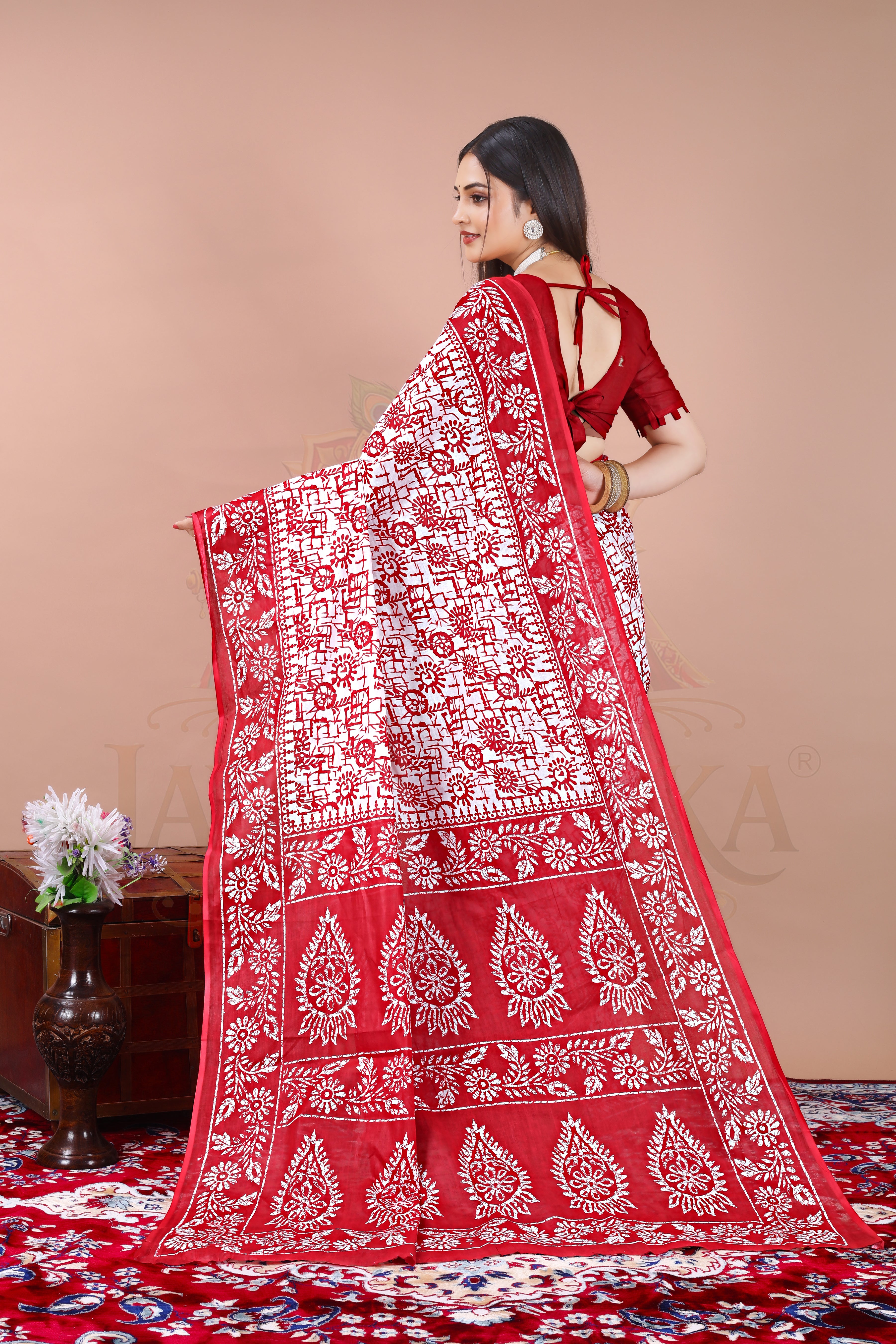 Red Block Print Cotton Printed Saree Jay Radhika Textile
